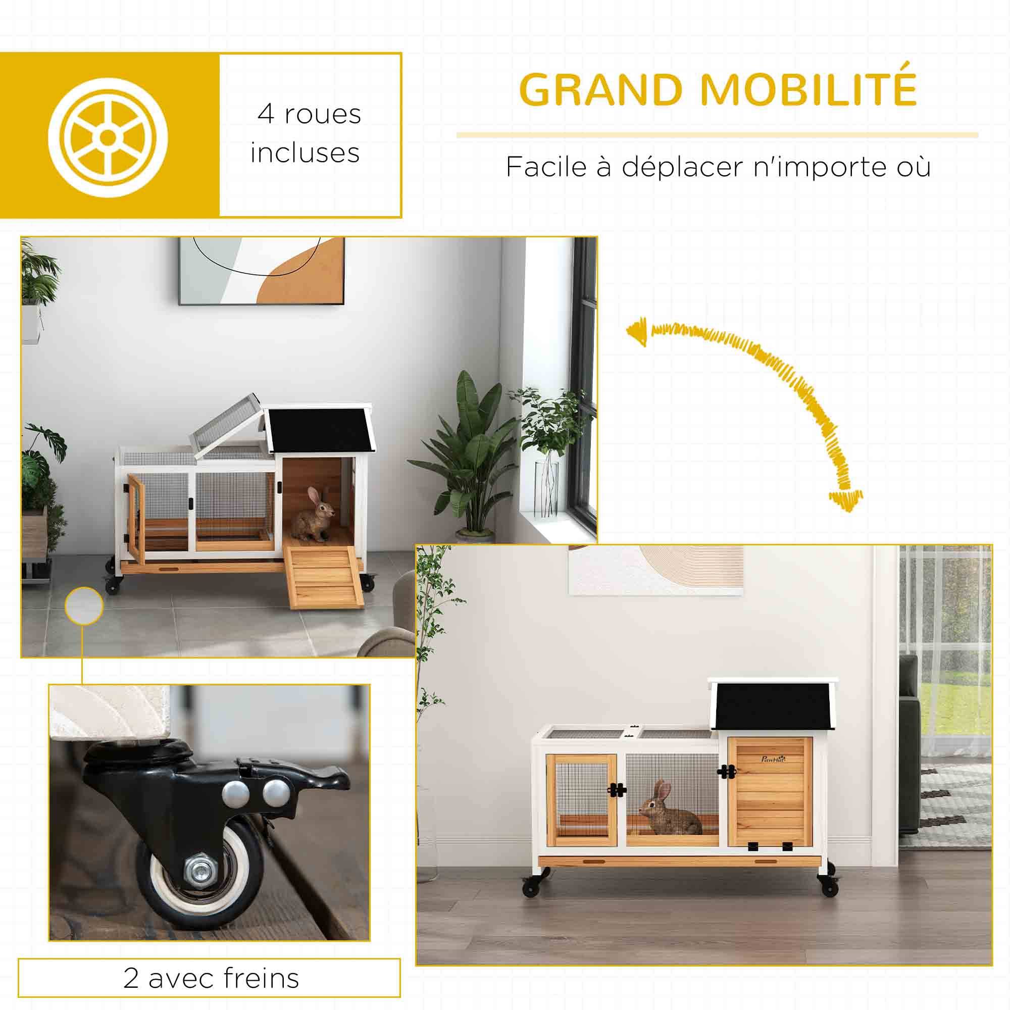Clapier lapin rongeur bois massif intérieur extérieur sur roulettes 108x58x73cm jaune - ComfortXL Outdoor Living - Image 9