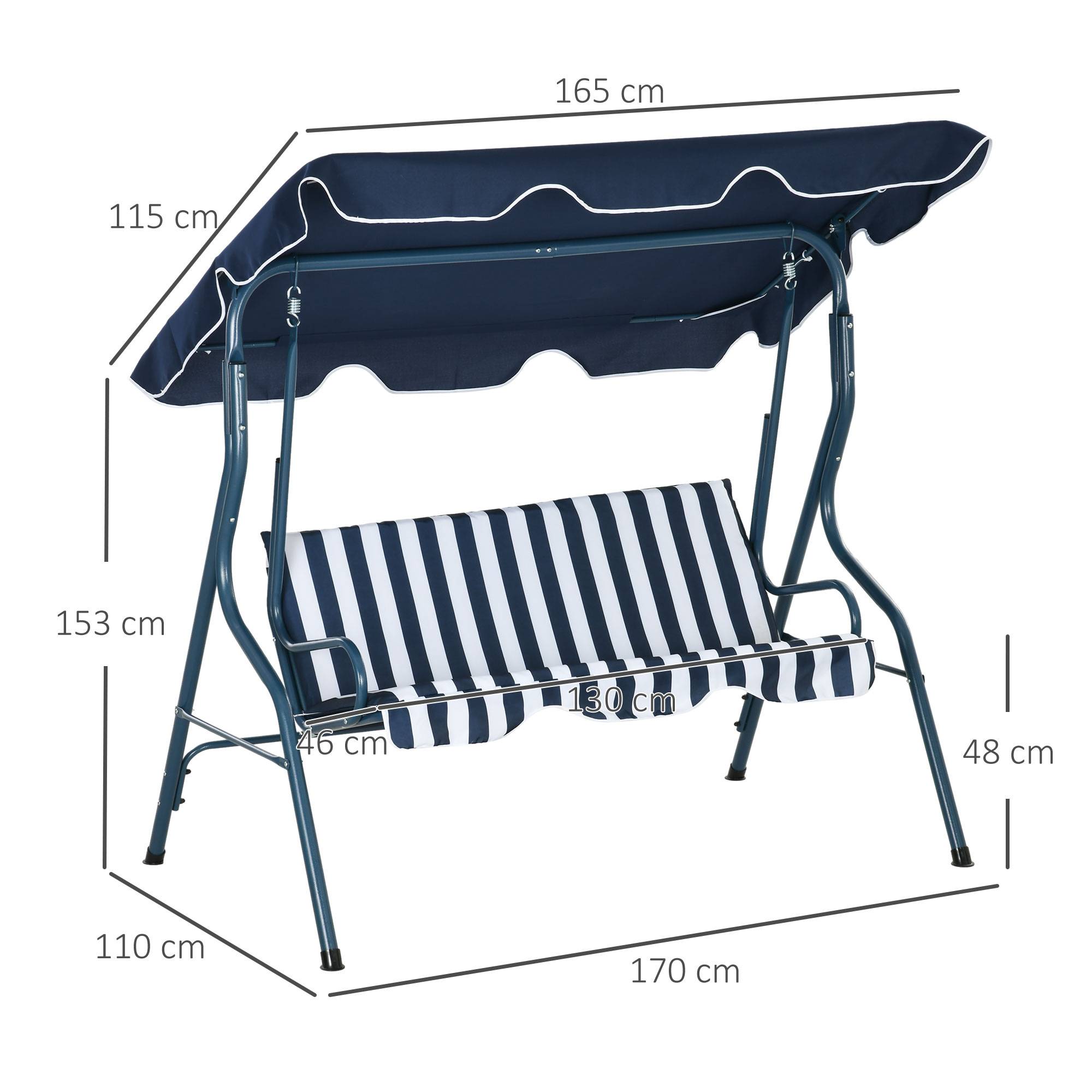 Balancelle de jardin 3 places acier pour terrasse toit inclinable coussins bleu blanc rayé - ComfortXL Outdoor Living - Image 5