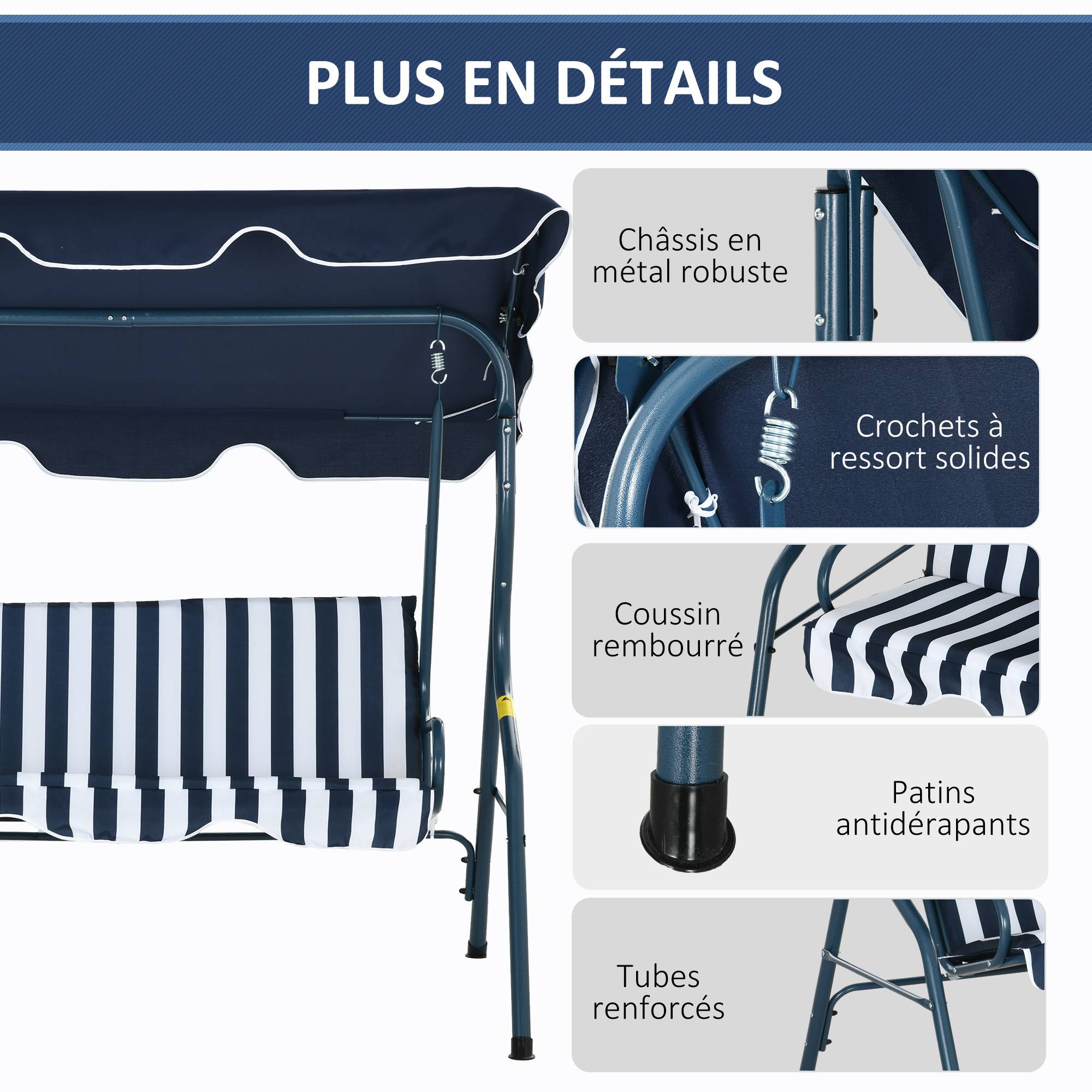 Balancelle de jardin 3 places acier pour terrasse toit inclinable coussins bleu blanc rayé - ComfortXL Outdoor Living - Image 7