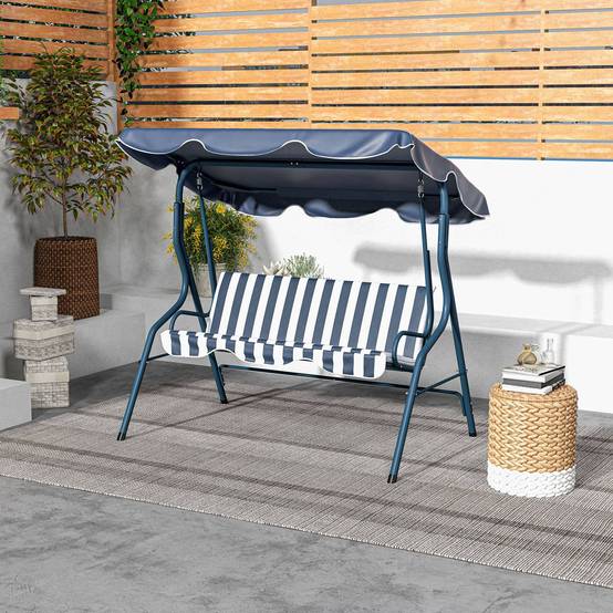 Balancelle de jardin 3 places acier pour terrasse toit inclinable coussins bleu blanc rayé - ComfortXL Outdoor Living - Image 4