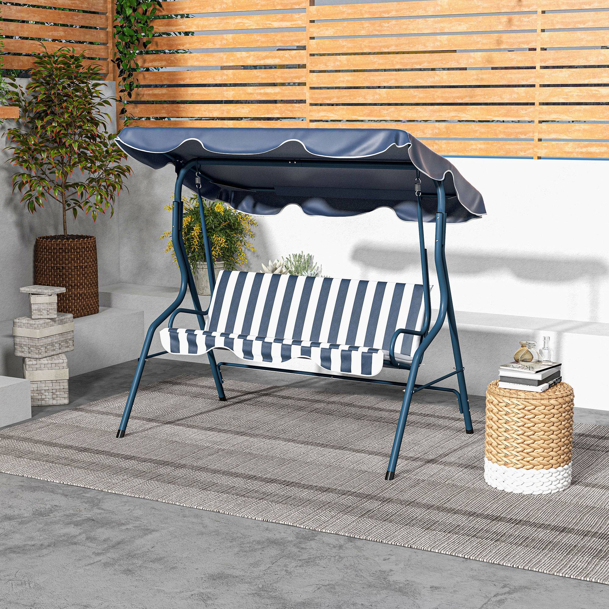Balancelle de jardin 3 places acier pour terrasse toit inclinable coussins bleu blanc rayé - ComfortXL Outdoor Living - Image 4