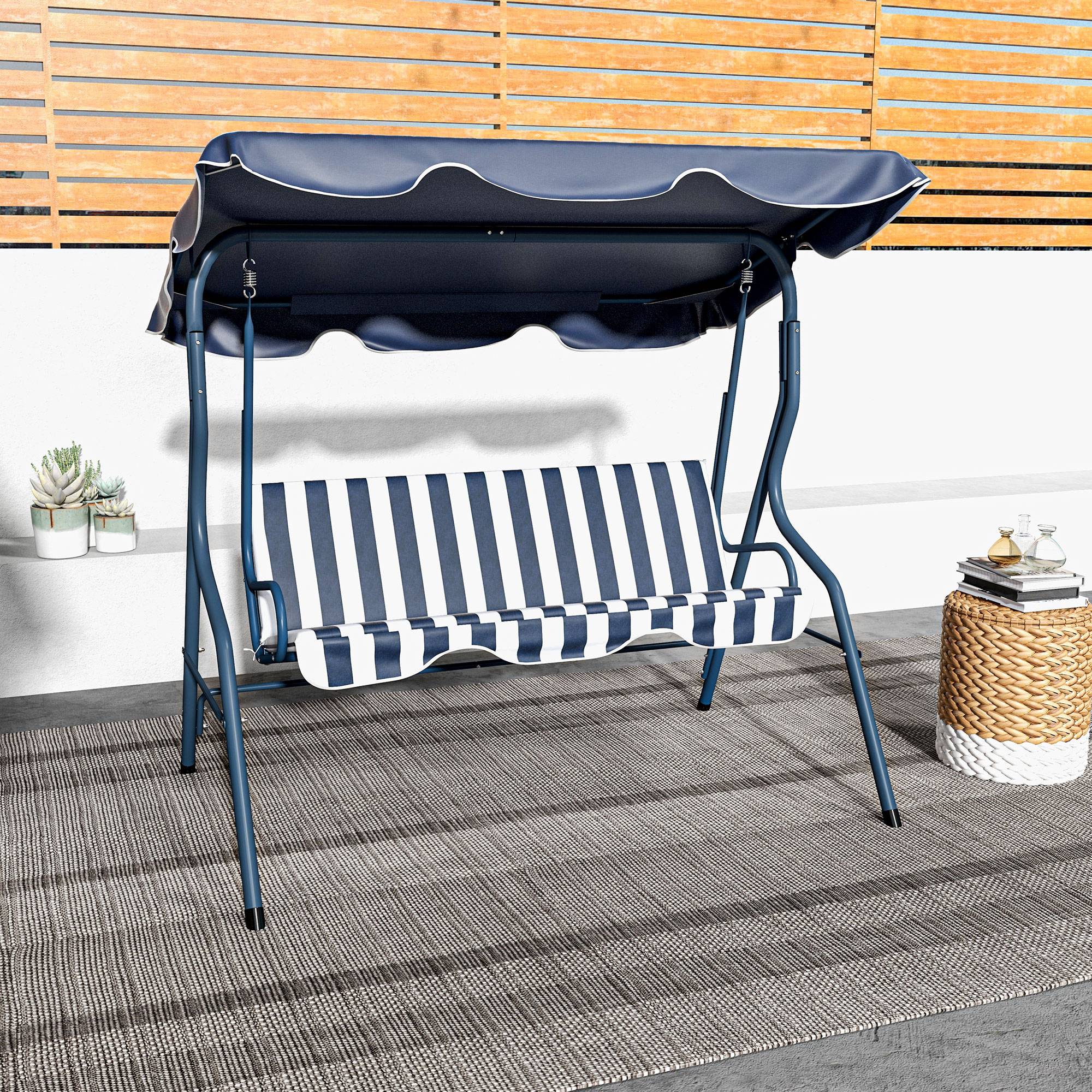 Balancelle de jardin 3 places acier pour terrasse toit inclinable coussins bleu blanc rayé - ComfortXL Outdoor Living - Image 9