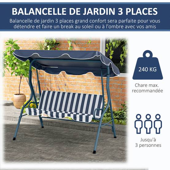 Balancelle de jardin 3 places acier pour terrasse toit inclinable coussins bleu blanc rayé - ComfortXL Outdoor Living - Image 8