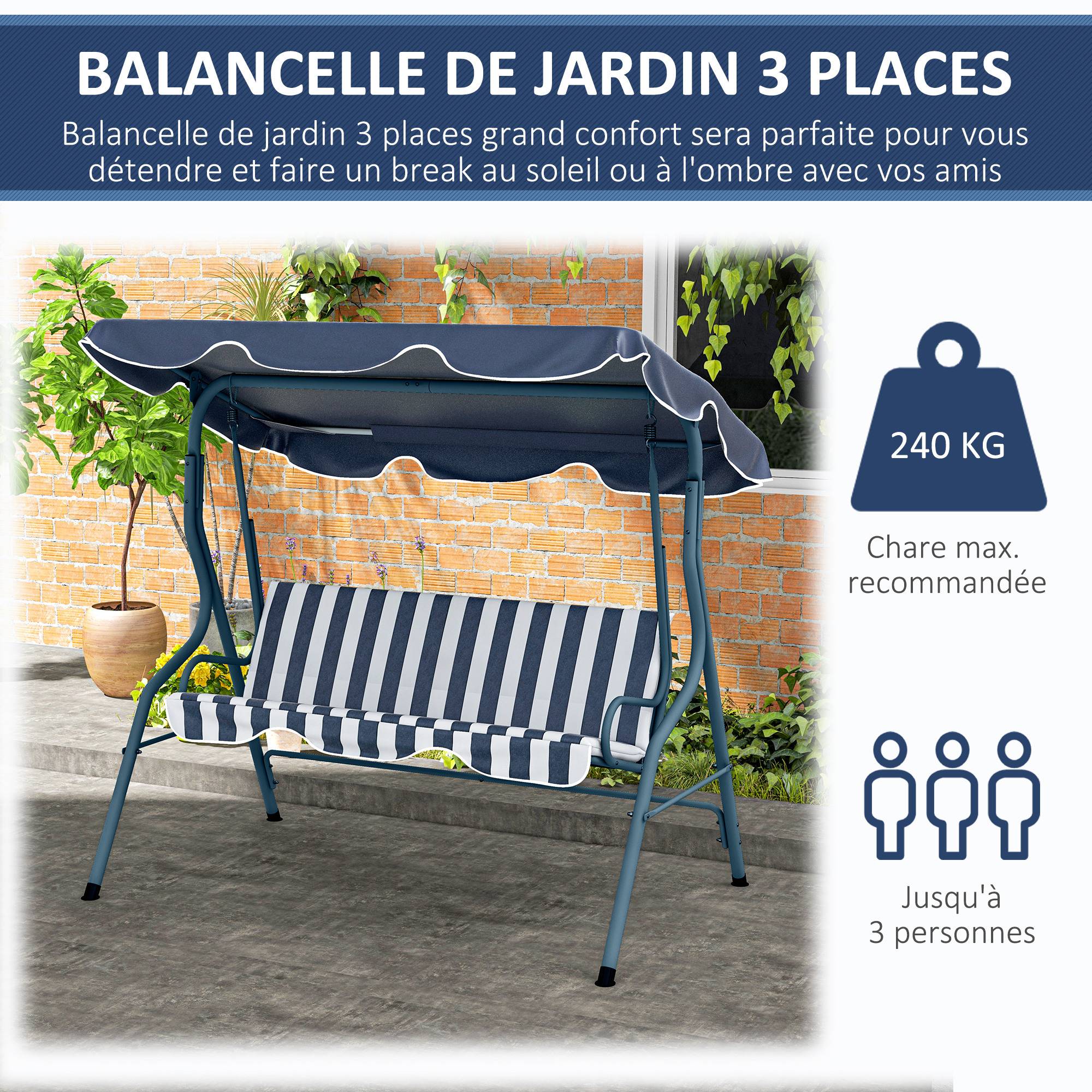 Balancelle de jardin 3 places acier pour terrasse toit inclinable coussins bleu blanc rayé - ComfortXL Outdoor Living - Image 8