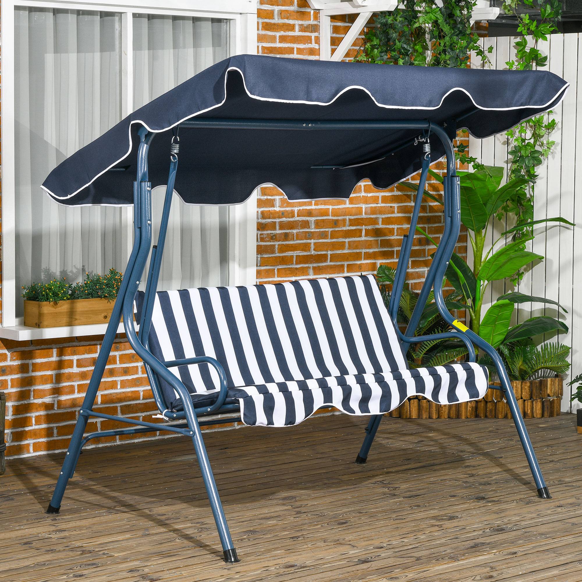 Balancelle de jardin 3 places acier pour terrasse toit inclinable coussins bleu blanc rayé - ComfortXL Outdoor Living - Image 3