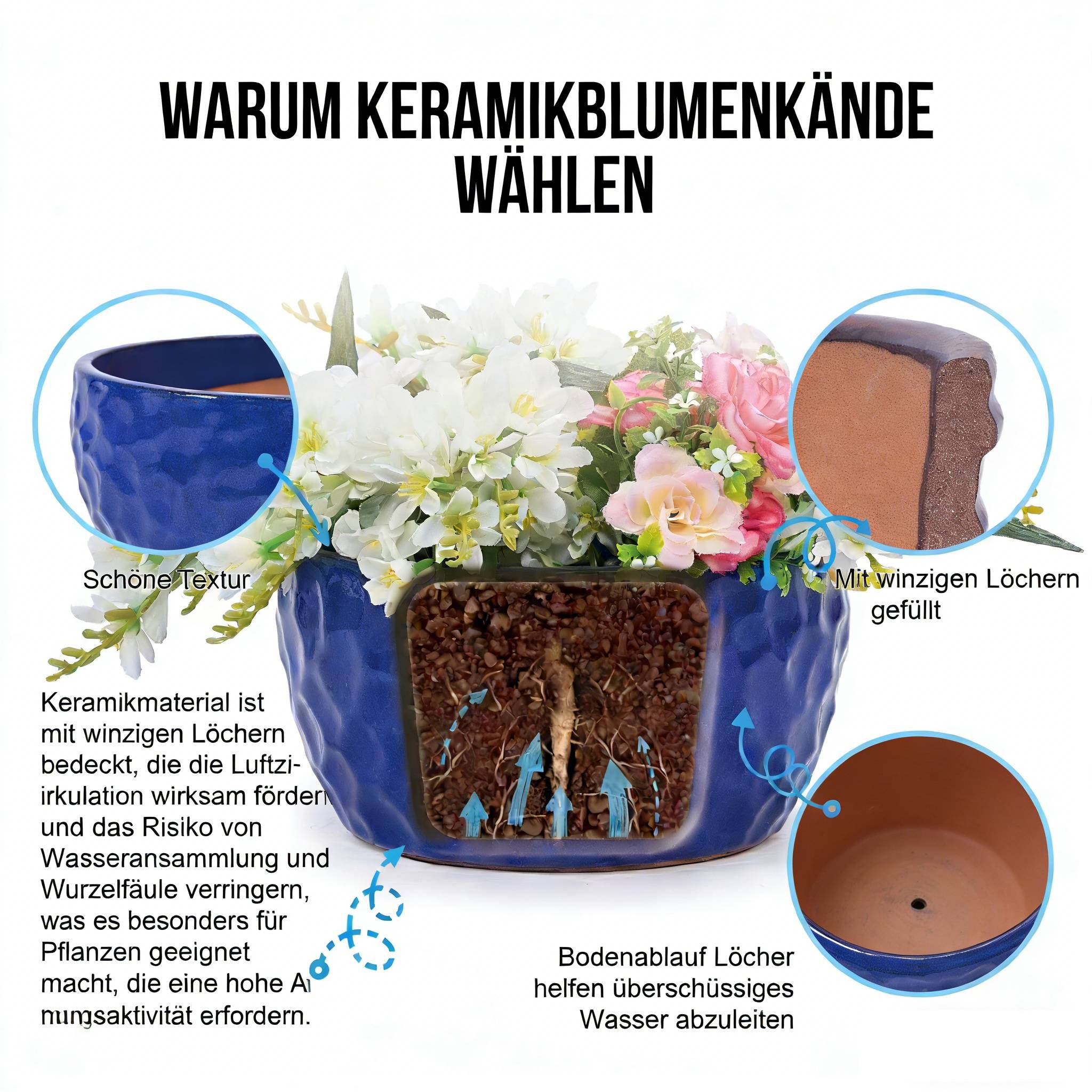 Ensemble de 3 pots de fleurs en céramique, bleu cobalt, Ø 38,1/30,5/25,4 cm - PANGIVO - Image 6