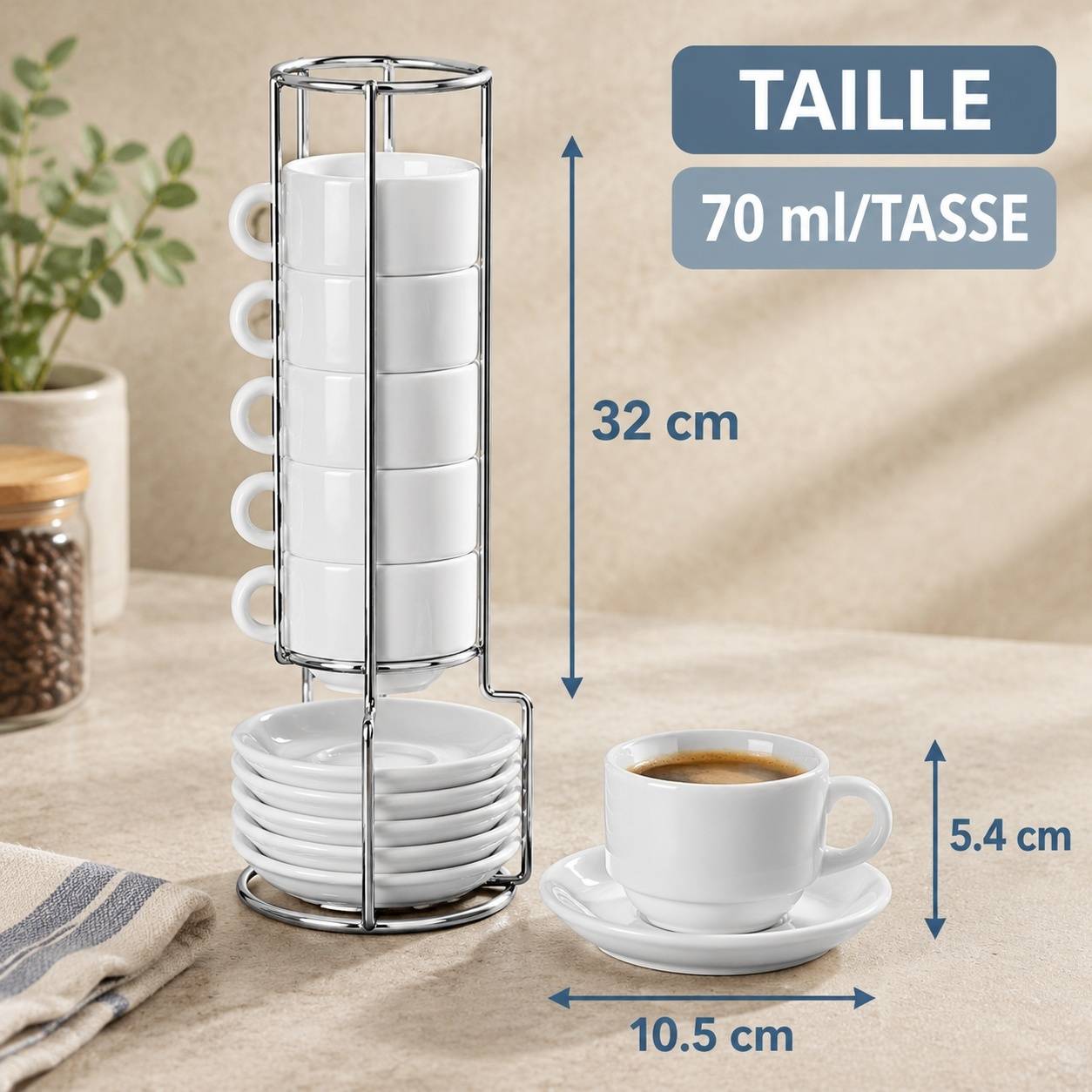 Set de 6 Tasses à Espresso et Sous-tasses en Porcelaine avec Support Métal - Image 2