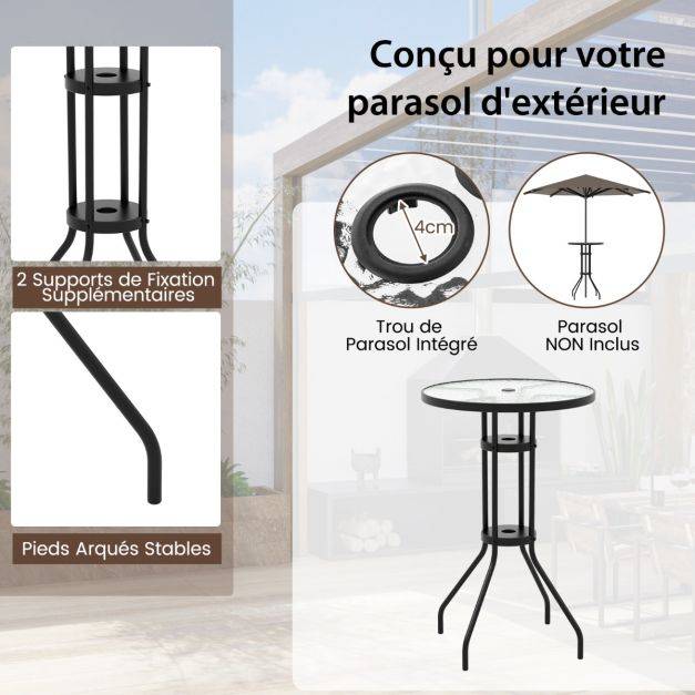 3pcs salon de jardin 2 chaises de jardin pliantes table basse ronde en verre trempé bistro terrasse piscine beige - Image 4