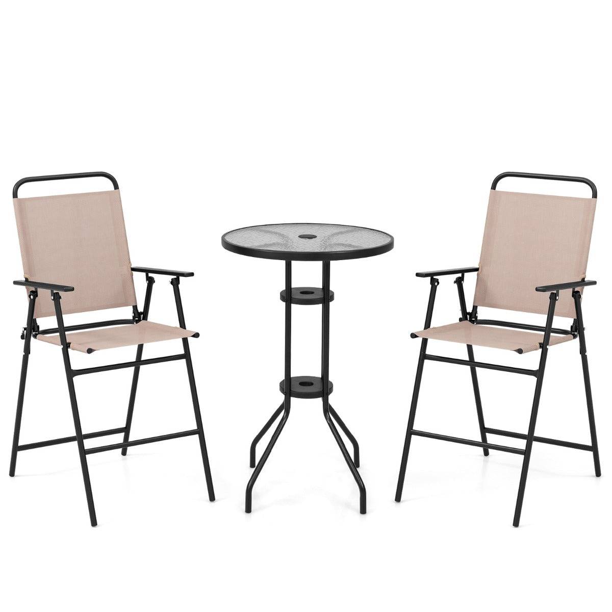 3pcs salon de jardin 2 chaises de jardin pliantes table basse ronde en verre trempé bistro terrasse piscine beige - Image 1