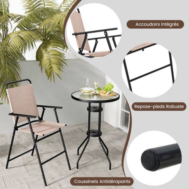 3pcs salon de jardin 2 chaises de jardin pliantes table basse ronde en verre trempé bistro terrasse piscine beige - Image 2
