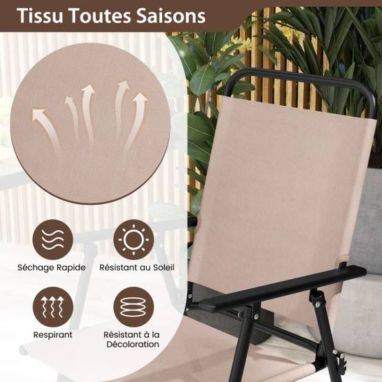 3pcs salon de jardin 2 chaises de jardin pliantes table basse ronde en verre trempé bistro terrasse piscine beige - Image 3