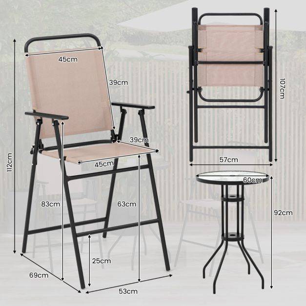 3pcs salon de jardin 2 chaises de jardin pliantes table basse ronde en verre trempé bistro terrasse piscine beige - Image 5
