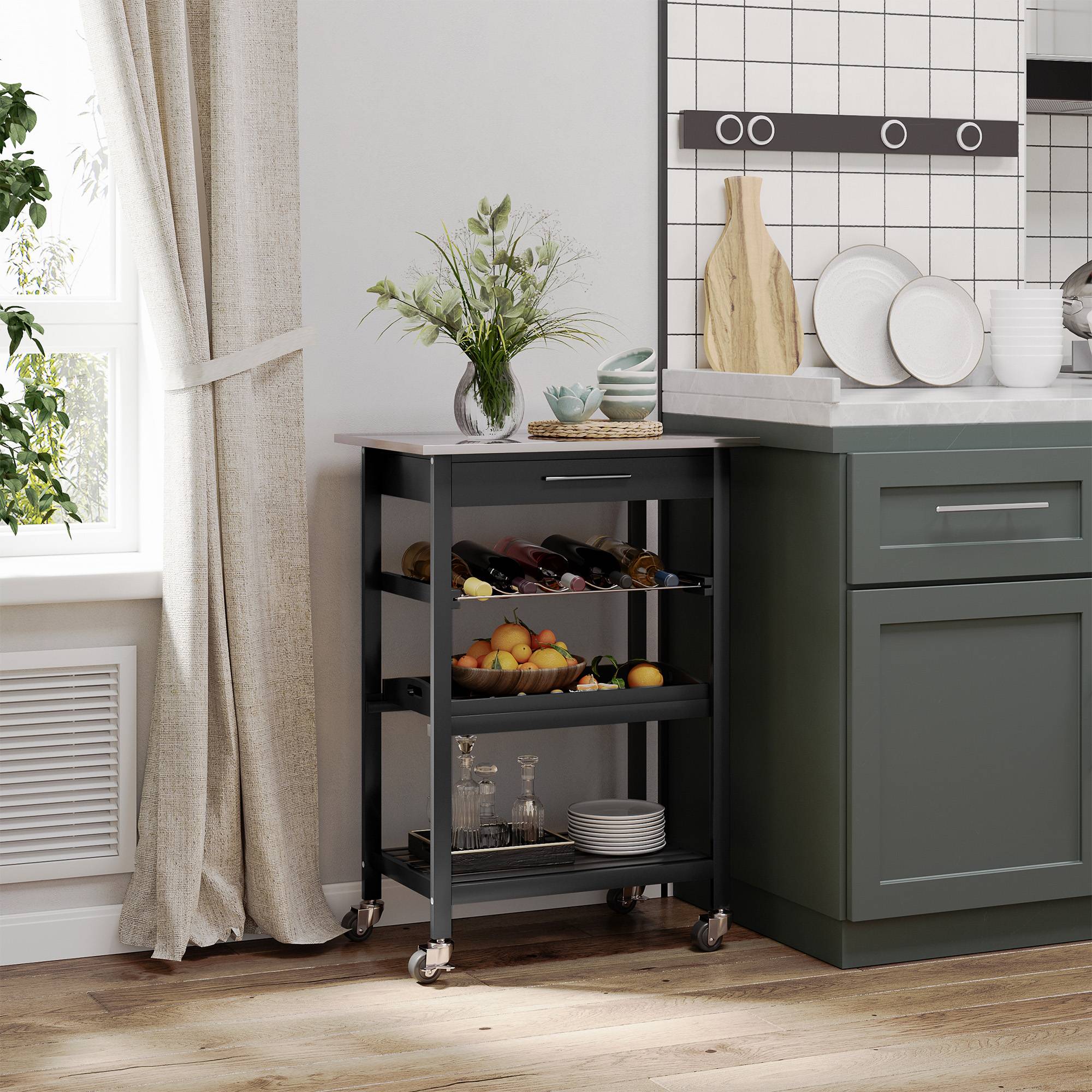 Chariot de Service desserte de Cuisine Table roulantes avec étagère rangement bouteille 60L x 40l x 85H cm Plateau en Acier INOX. Noir - Image 3