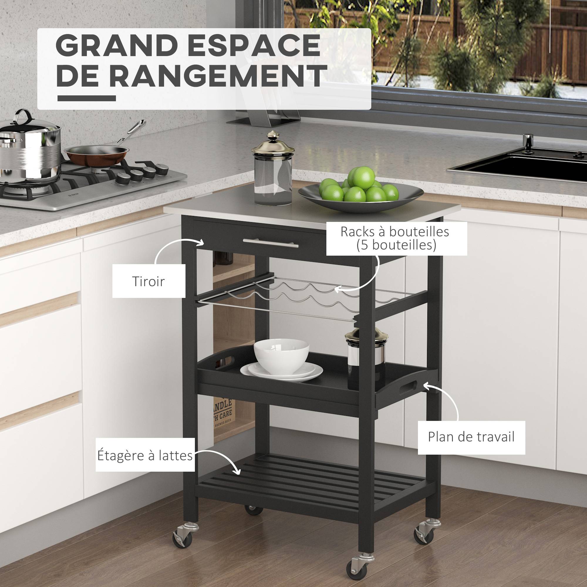 Chariot de Service desserte de Cuisine Table roulantes avec étagère rangement bouteille 60L x 40l x 85H cm Plateau en Acier INOX. Noir - Image 6