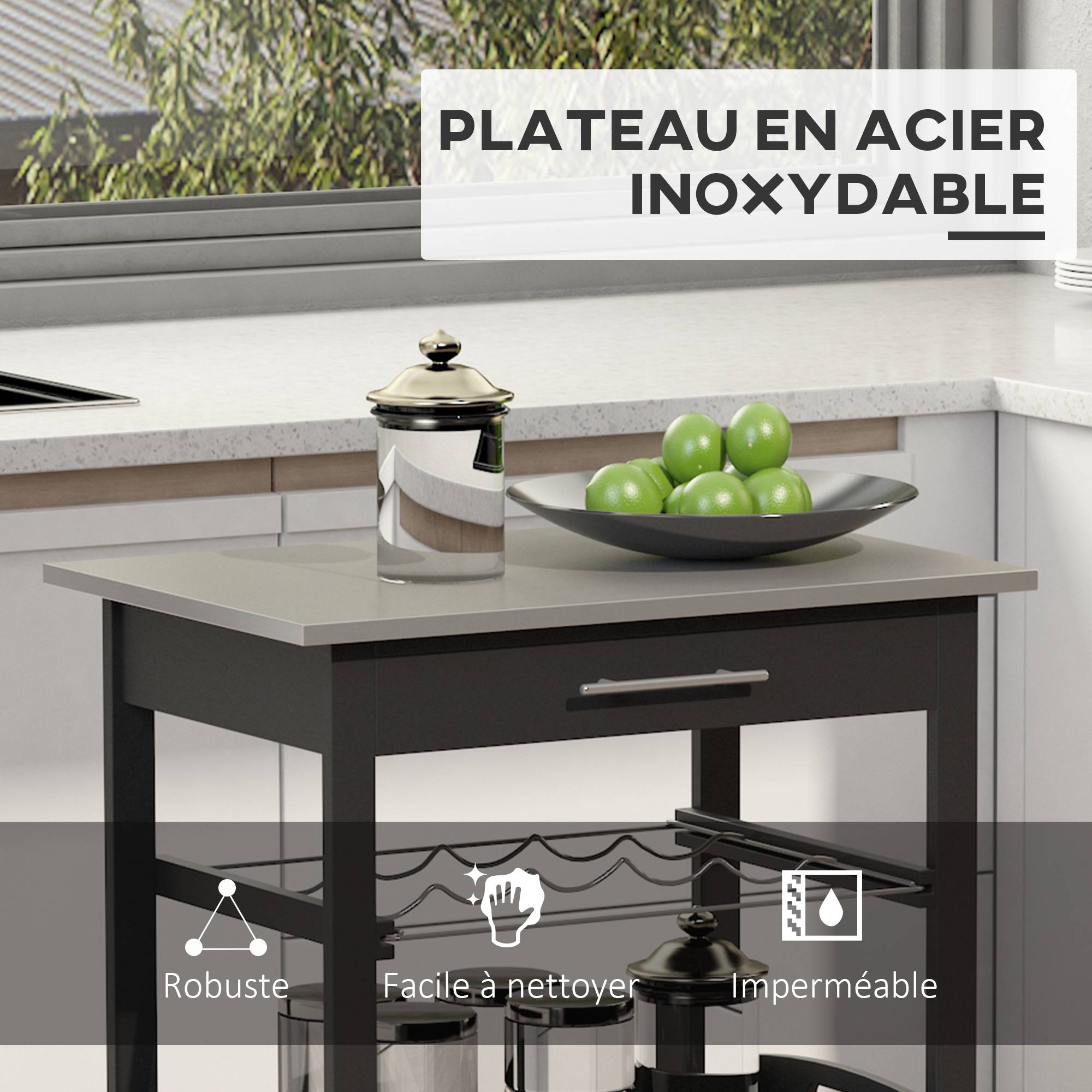 Chariot de Service desserte de Cuisine Table roulantes avec étagère rangement bouteille 60L x 40l x 85H cm Plateau en Acier INOX. Noir - Image 8