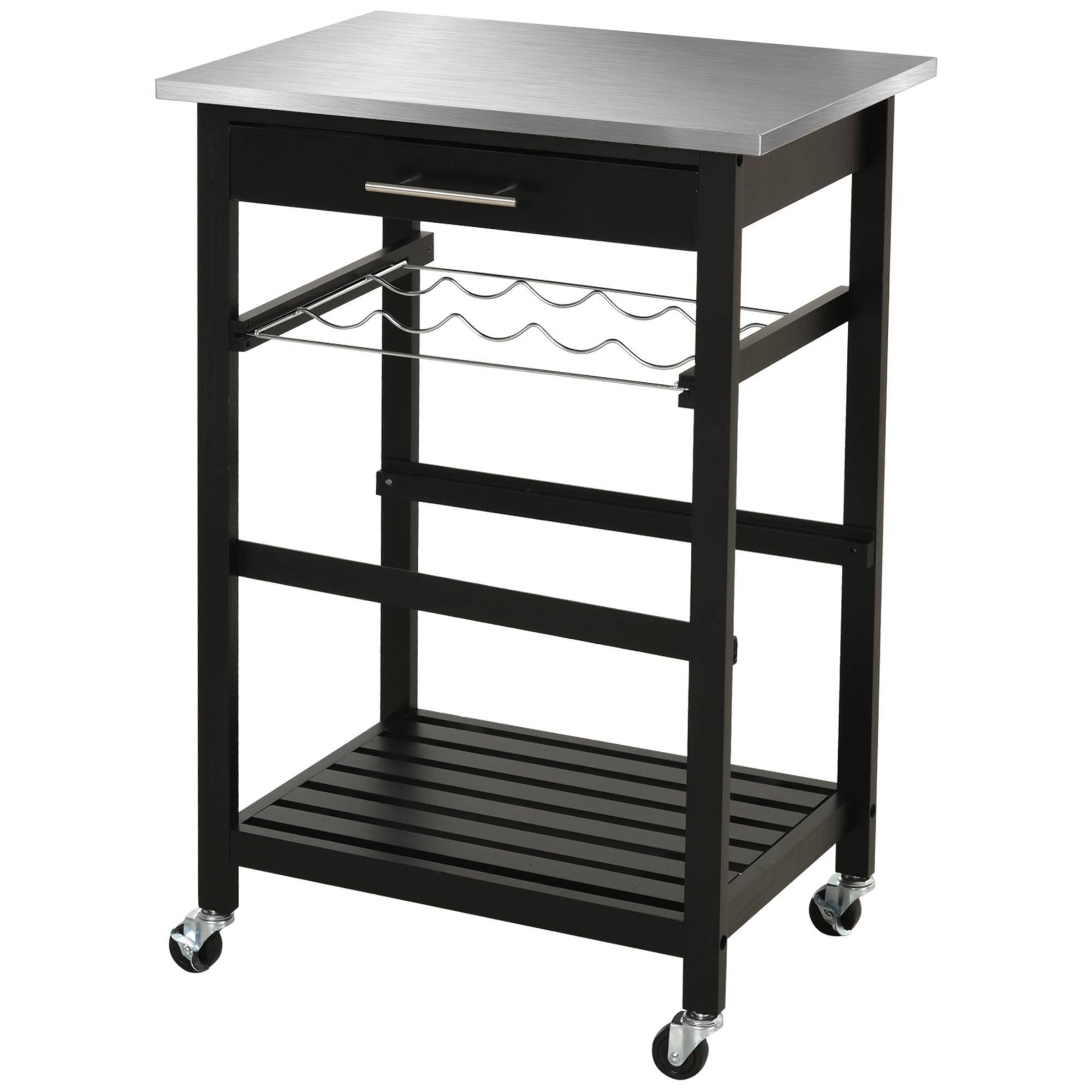 Chariot de Service desserte de Cuisine Table roulantes avec étagère rangement bouteille 60L x 40l x 85H cm Plateau en Acier INOX. Noir - Image 2