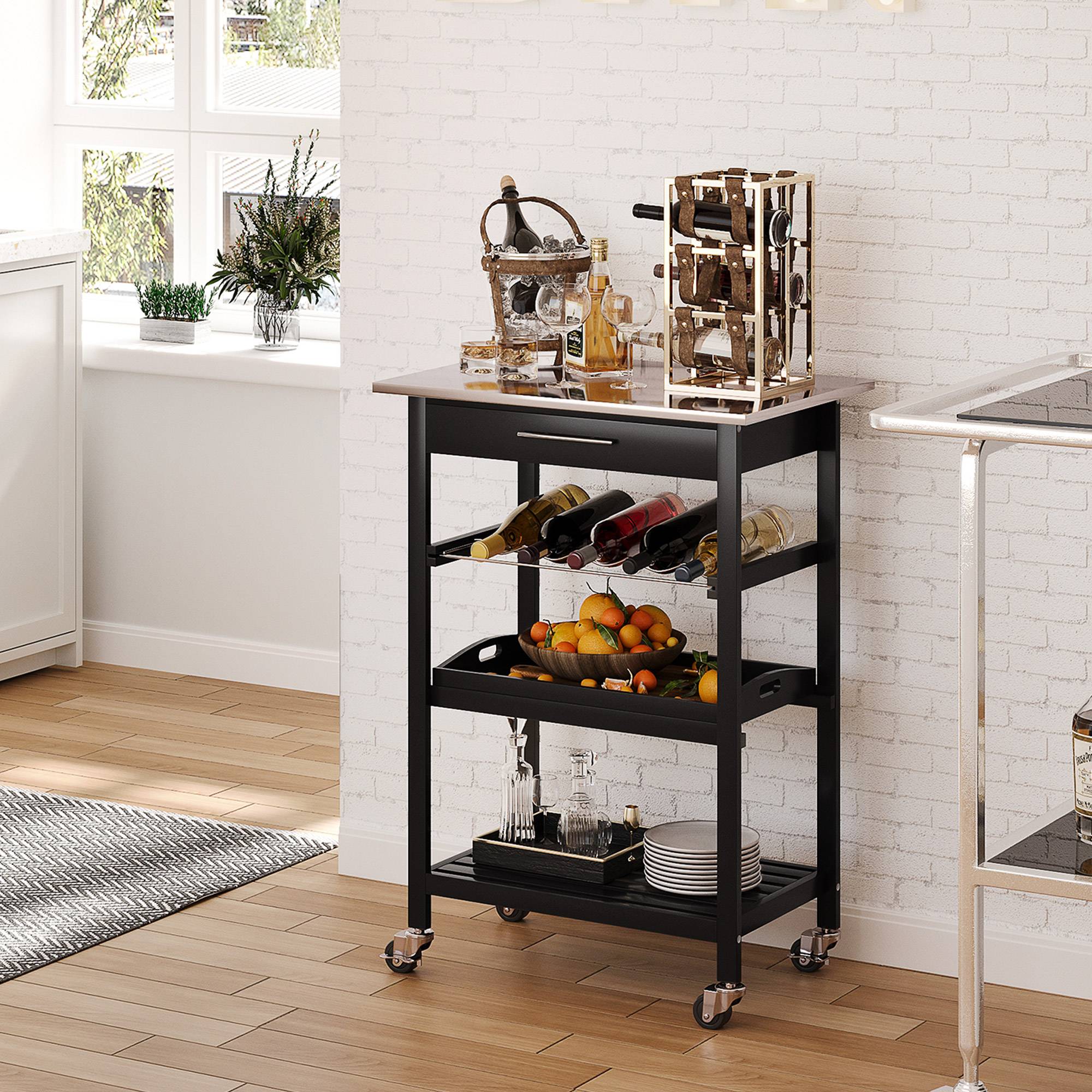 Chariot de Service desserte de Cuisine Table roulantes avec étagère rangement bouteille 60L x 40l x 85H cm Plateau en Acier INOX. Noir - Image 4