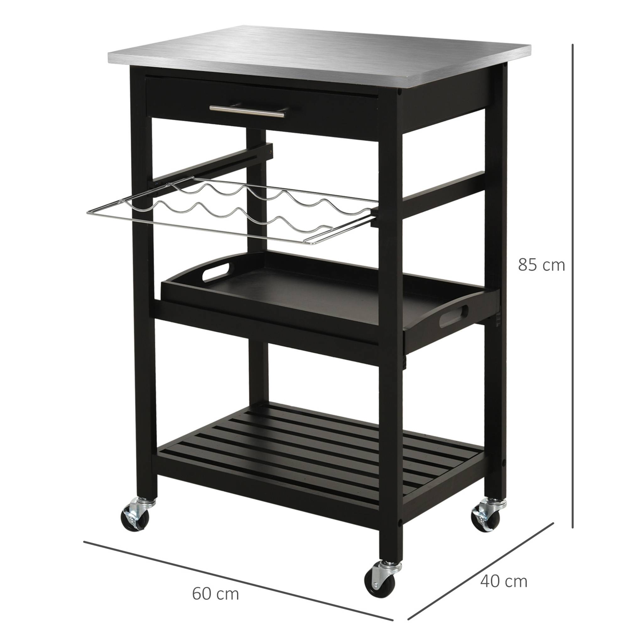 Chariot de Service desserte de Cuisine Table roulantes avec étagère rangement bouteille 60L x 40l x 85H cm Plateau en Acier INOX. Noir - Image 5