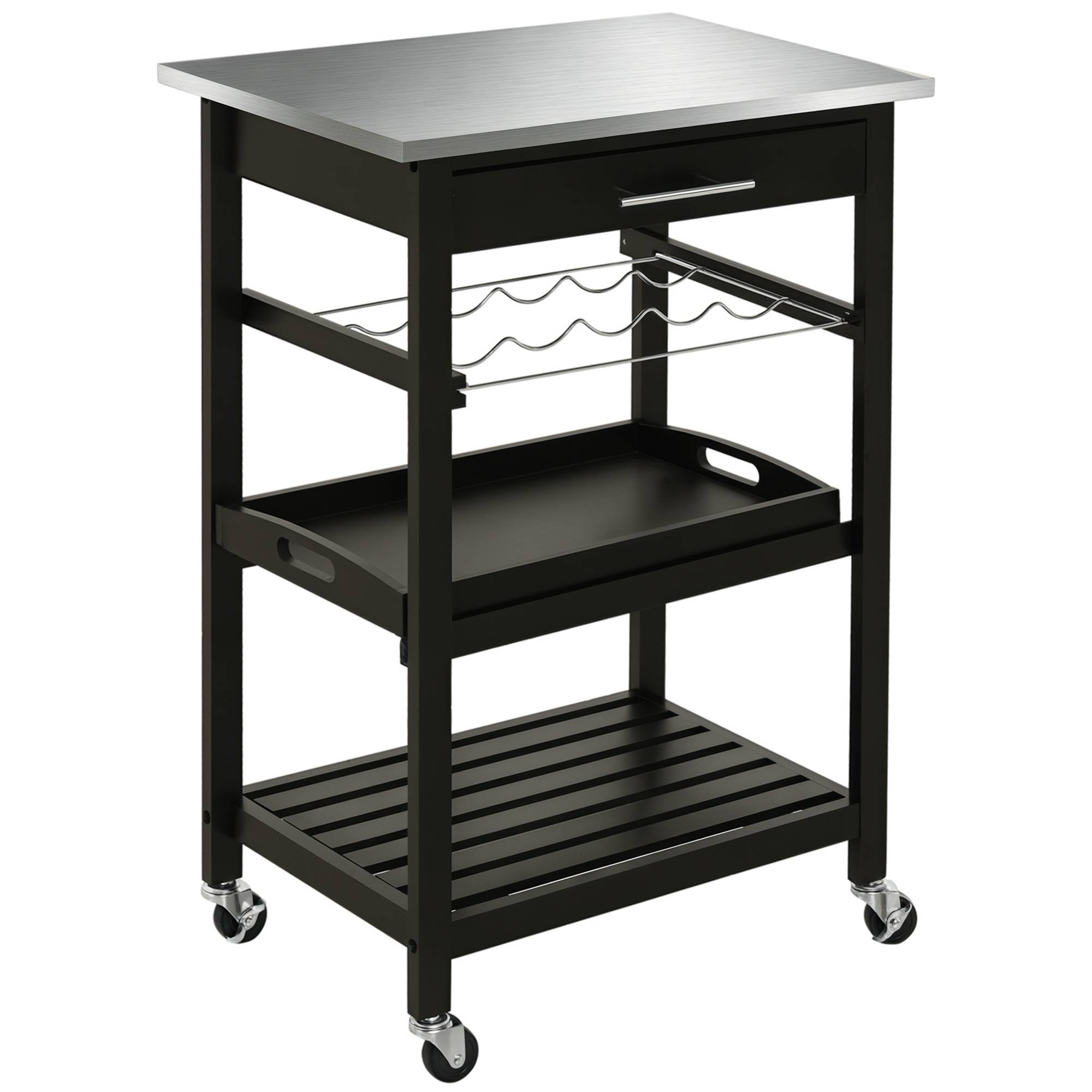 Chariot de Service desserte de Cuisine Table roulantes avec étagère rangement bouteille 60L x 40l x 85H cm Plateau en Acier INOX. Noir - Image 1