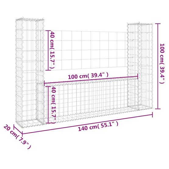 Panier de gabion en fer argenté 140 x 20 x 100 cm avec 2 poteaux - PANGIVO - Image 6