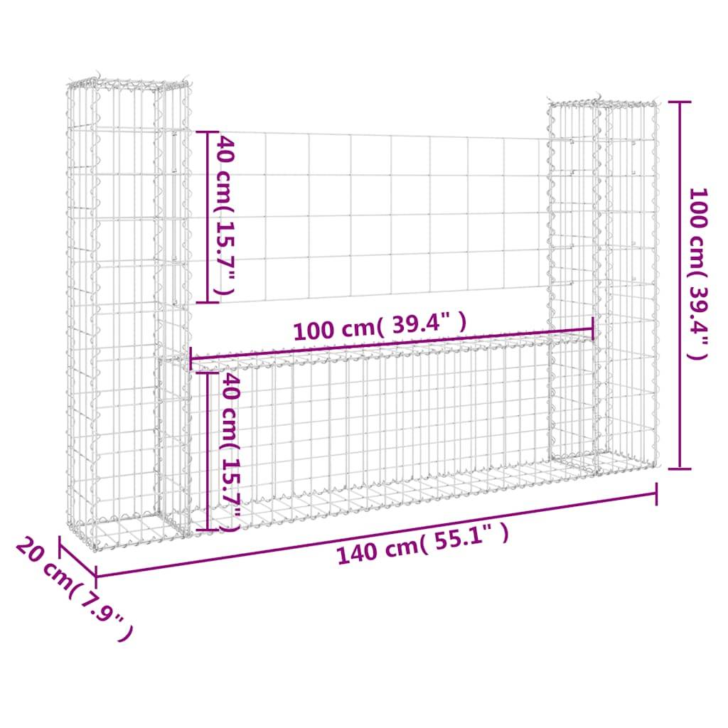 Panier de gabion en fer argenté 140 x 20 x 100 cm avec 2 poteaux - PANGIVO - Image 6