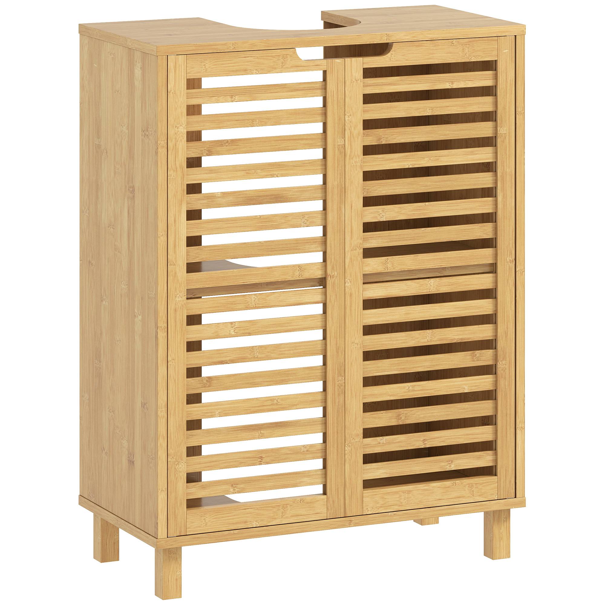 Sans Marque - Meuble vasque salle bain armoire salle bain portes lattes bambou étagères réglables naturel - Image 1