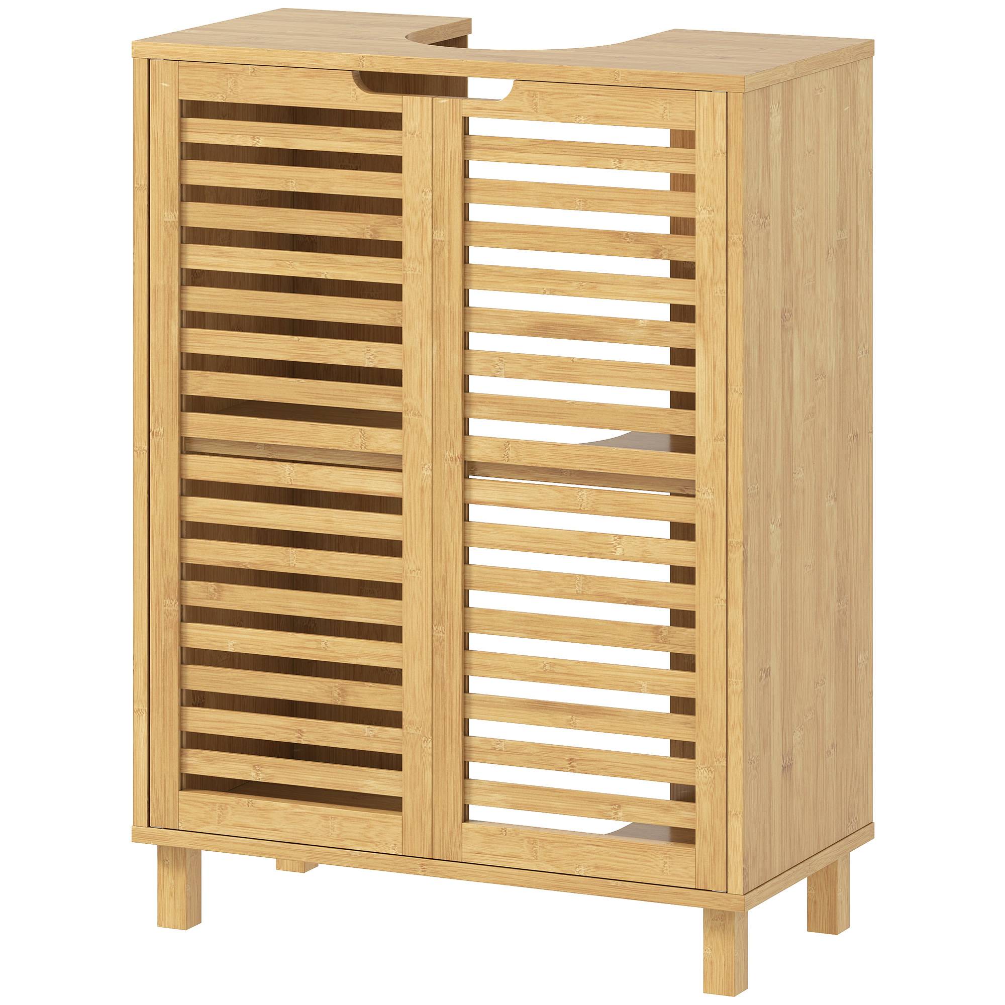 Sans Marque - Meuble vasque salle bain armoire salle bain portes lattes bambou étagères réglables naturel - Image 2