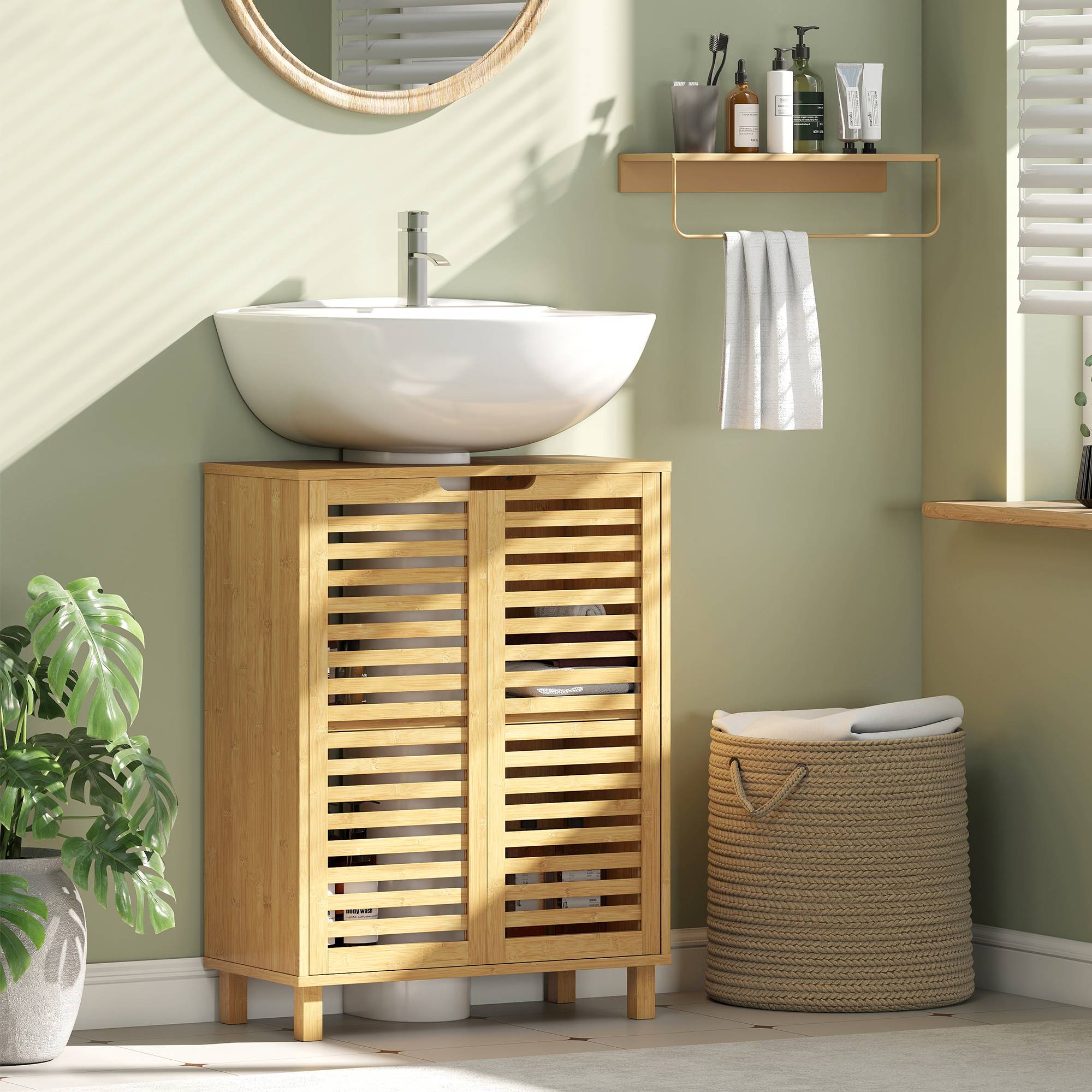 Sans Marque - Meuble vasque salle bain armoire salle bain portes lattes bambou étagères réglables naturel - Image 3