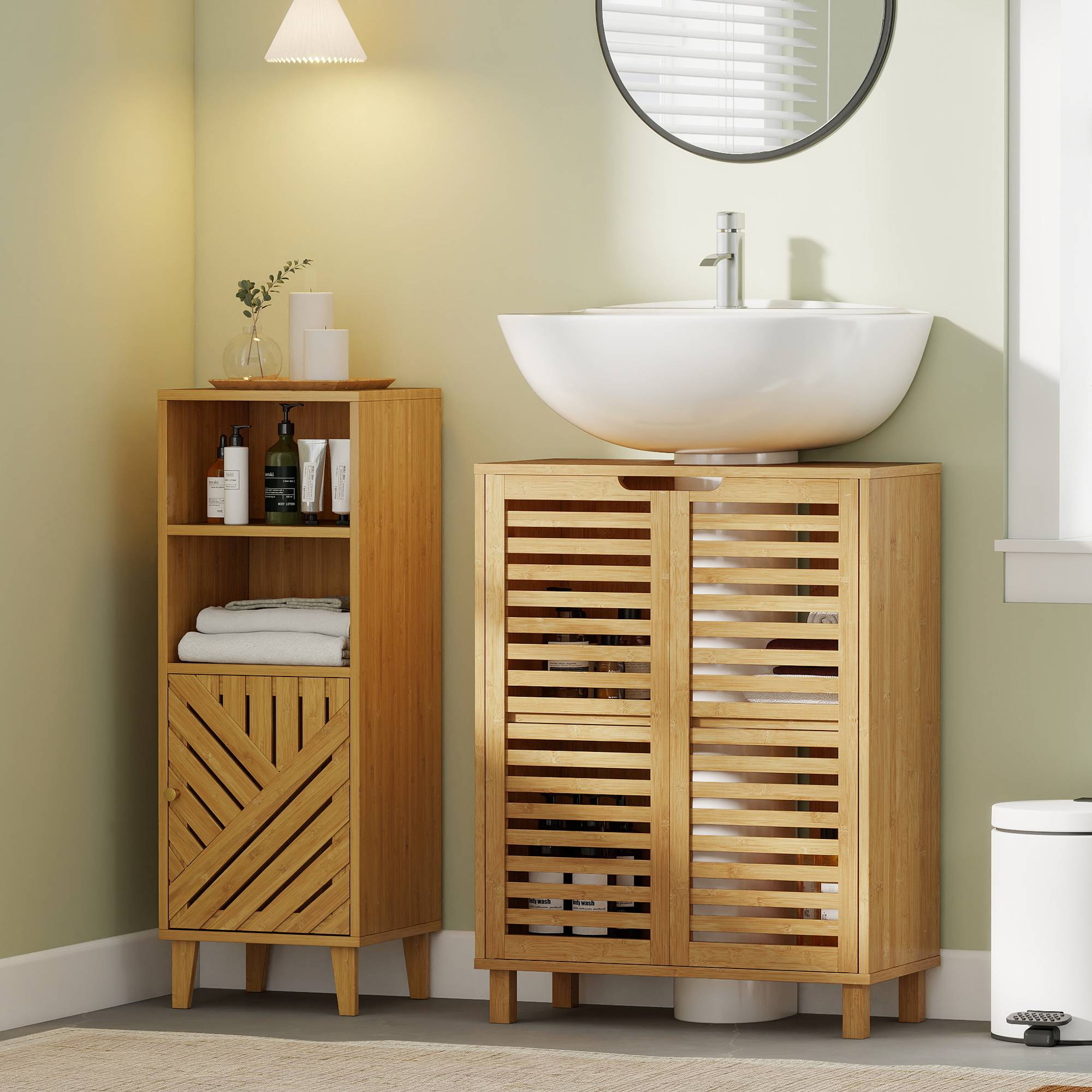 Sans Marque - Meuble vasque salle bain armoire salle bain portes lattes bambou étagères réglables naturel - Image 4