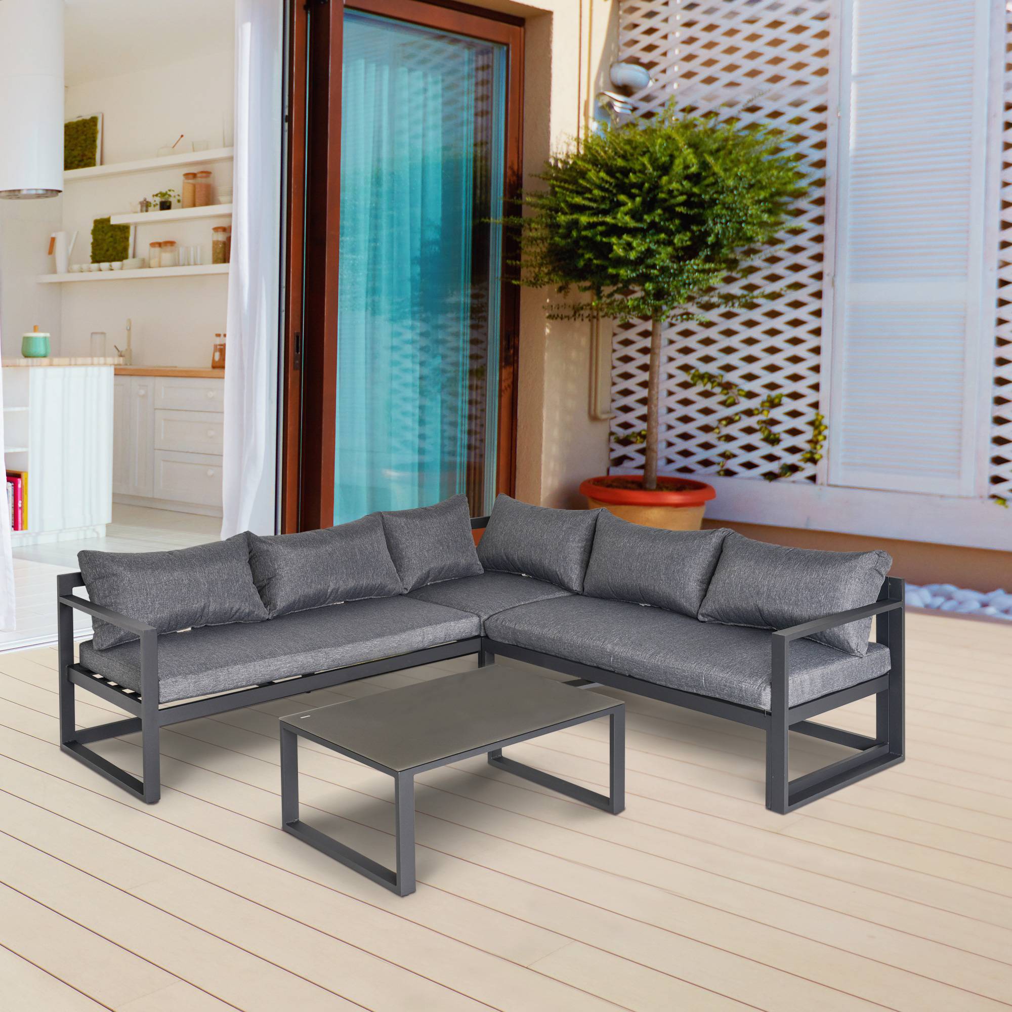 Outsunny - Ensemble salon de jardin d'angle design contemporain style yachting 5 places coussins table basse banquette 3 places réglable alu. gris - Outsunny - Imagen 2