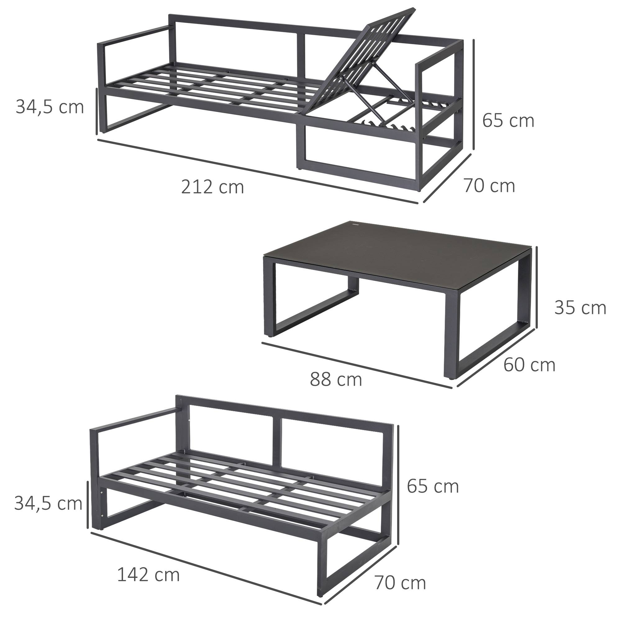 Outsunny - Ensemble salon de jardin d'angle design contemporain style yachting 5 places coussins table basse banquette 3 places réglable alu. gris - Outsunny - Imagen 3