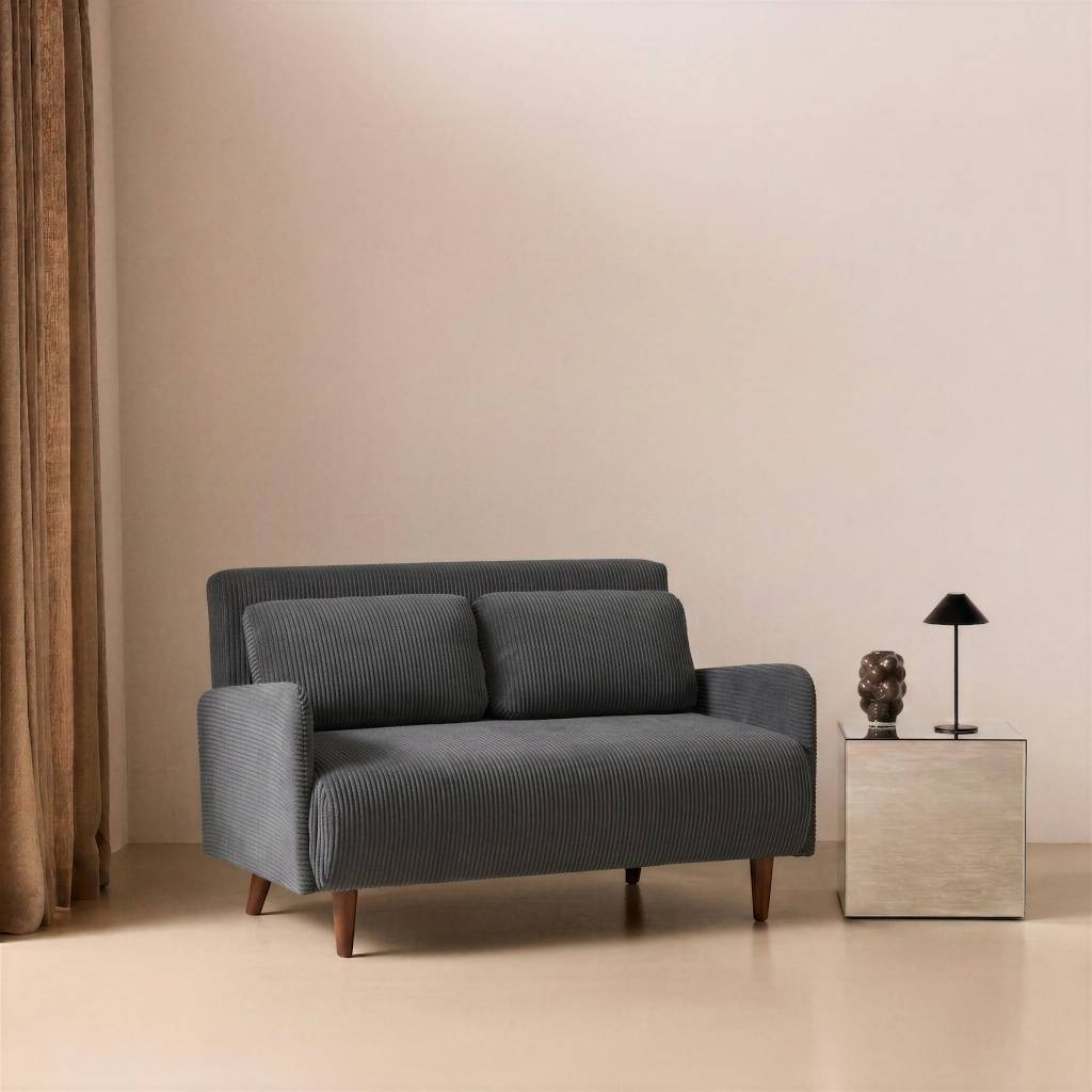 sweeek - Canapé convertible en velours côtelé - Panam - 2 places scandinave. pieds bois foncé. gris foncé. banquette. dossier inclinable | sweeek - Image 1