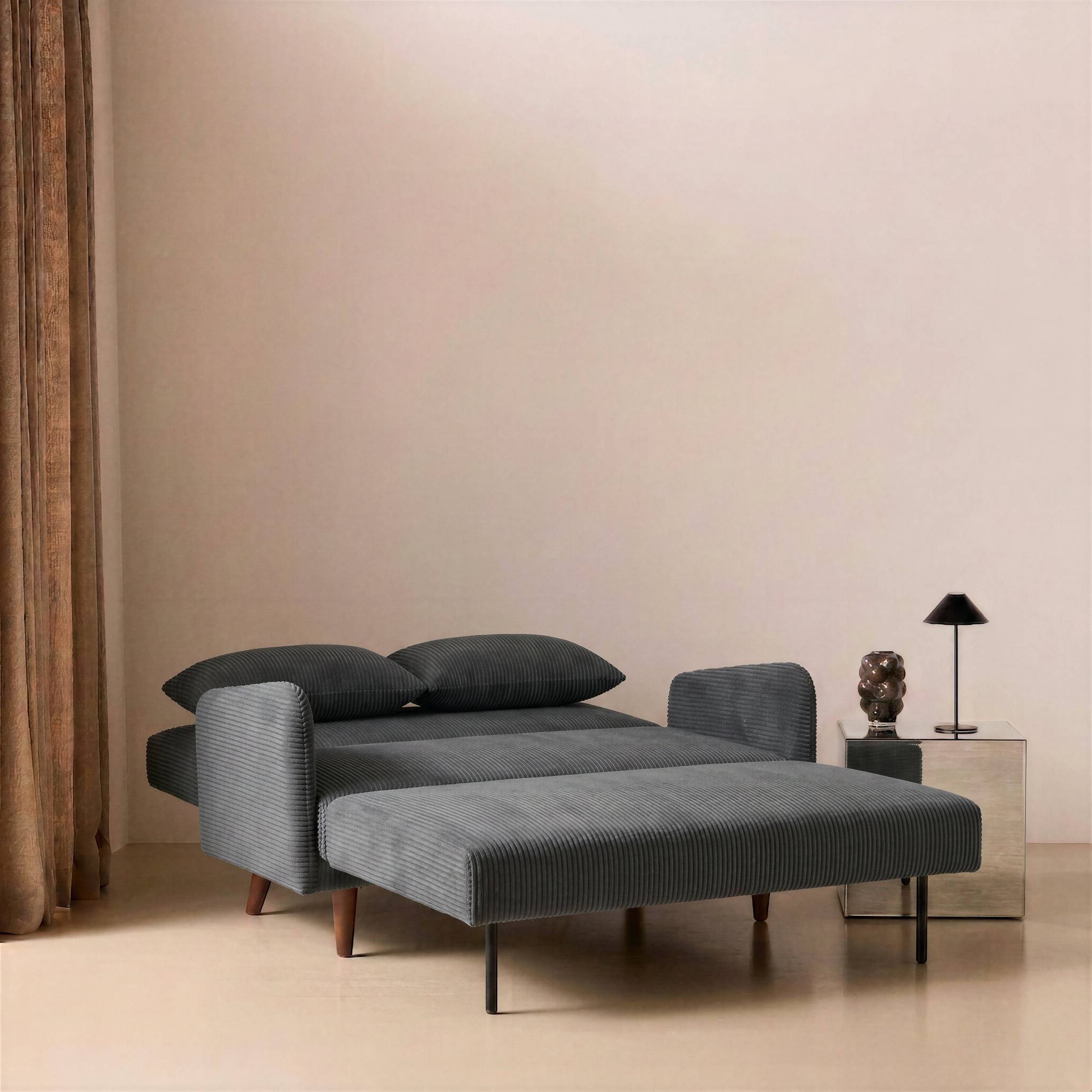 sweeek - Canapé convertible en velours côtelé - Panam - 2 places scandinave. pieds bois foncé. gris foncé. banquette. dossier inclinable | sweeek - Image 3
