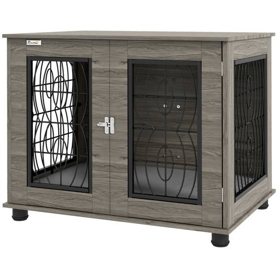 Cage pour chien intérieur avec coussin 80 x 56 x 63 cm bois métal gris décor bois - PANGIVO - Image 1