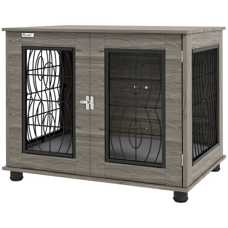 Cage pour chien intérieur avec coussin 80 x 56 x 63 cm bois métal gris décor bois - PANGIVO - Image 1