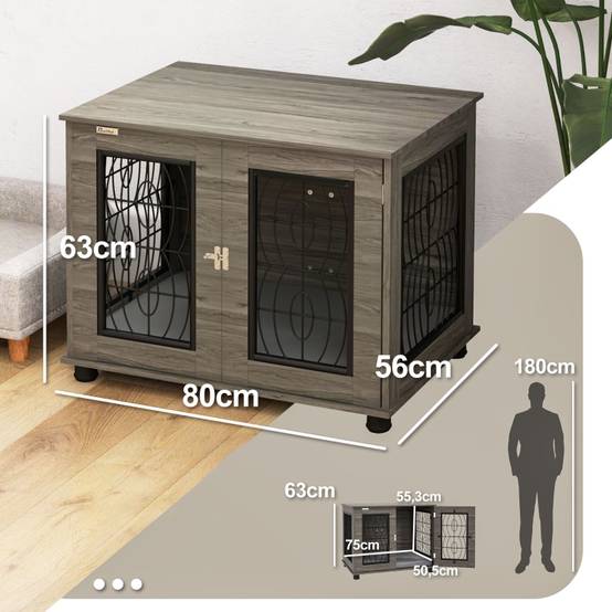 Cage pour chien intérieur avec coussin 80 x 56 x 63 cm bois métal gris décor bois - PANGIVO - Image 3