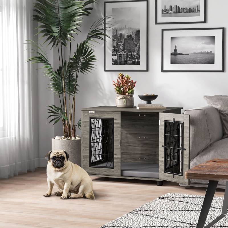 Cage pour chien intérieur avec coussin 80 x 56 x 63 cm bois métal gris décor bois - PANGIVO - Image 2