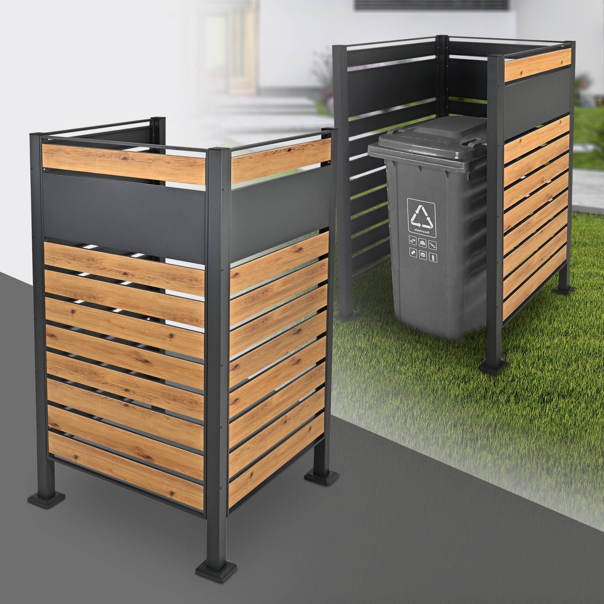 Ml-Design - Abri pour 1 poubelle 91x91x150cm anthracite/aspect bois en acier extensible avec d'autres éléments habillage rangement de jardin protection visuelle - Imagen 8