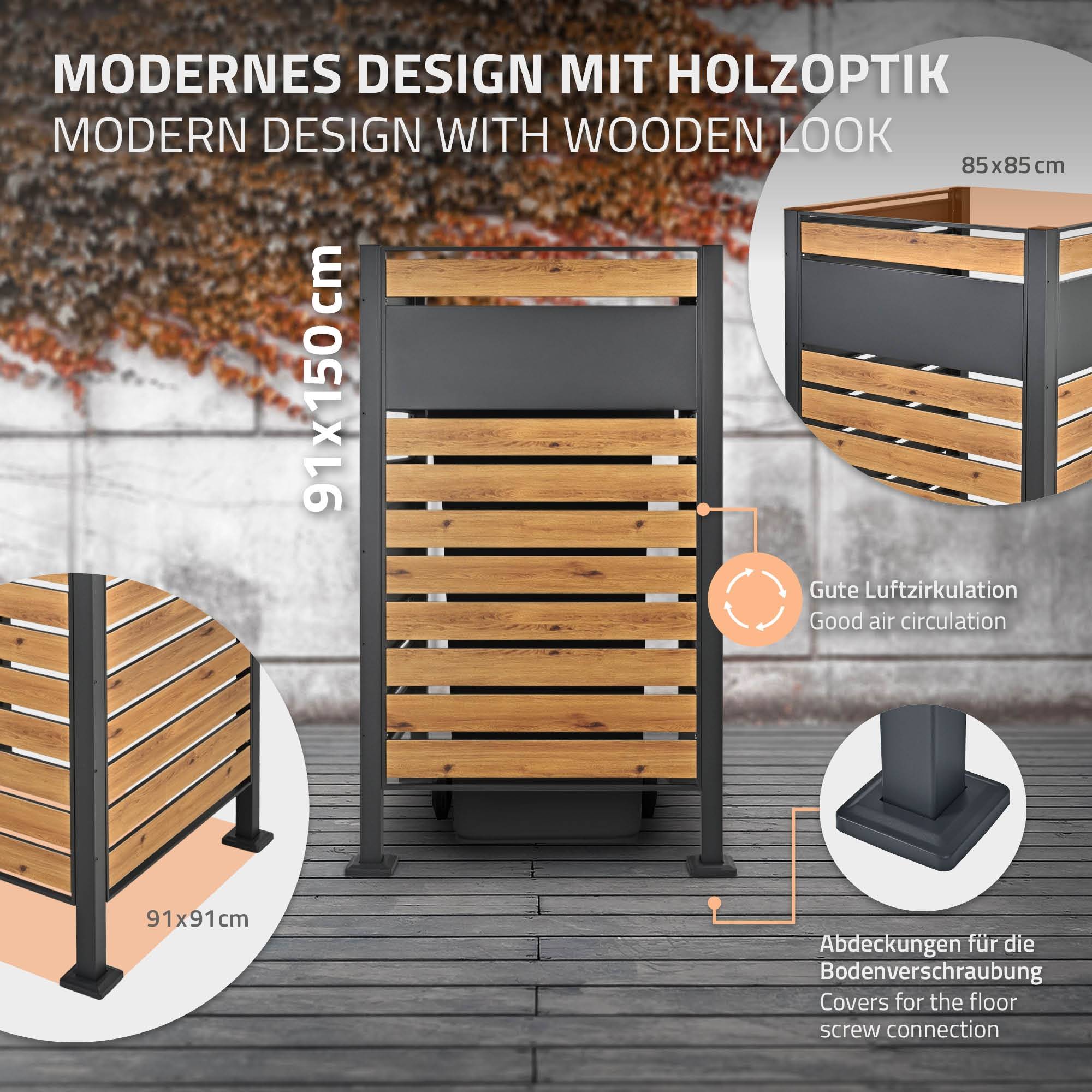 Ml-Design - Abri pour 1 poubelle 91x91x150cm anthracite/aspect bois en acier extensible avec d'autres éléments habillage rangement de jardin protection visuelle - Imagen 3