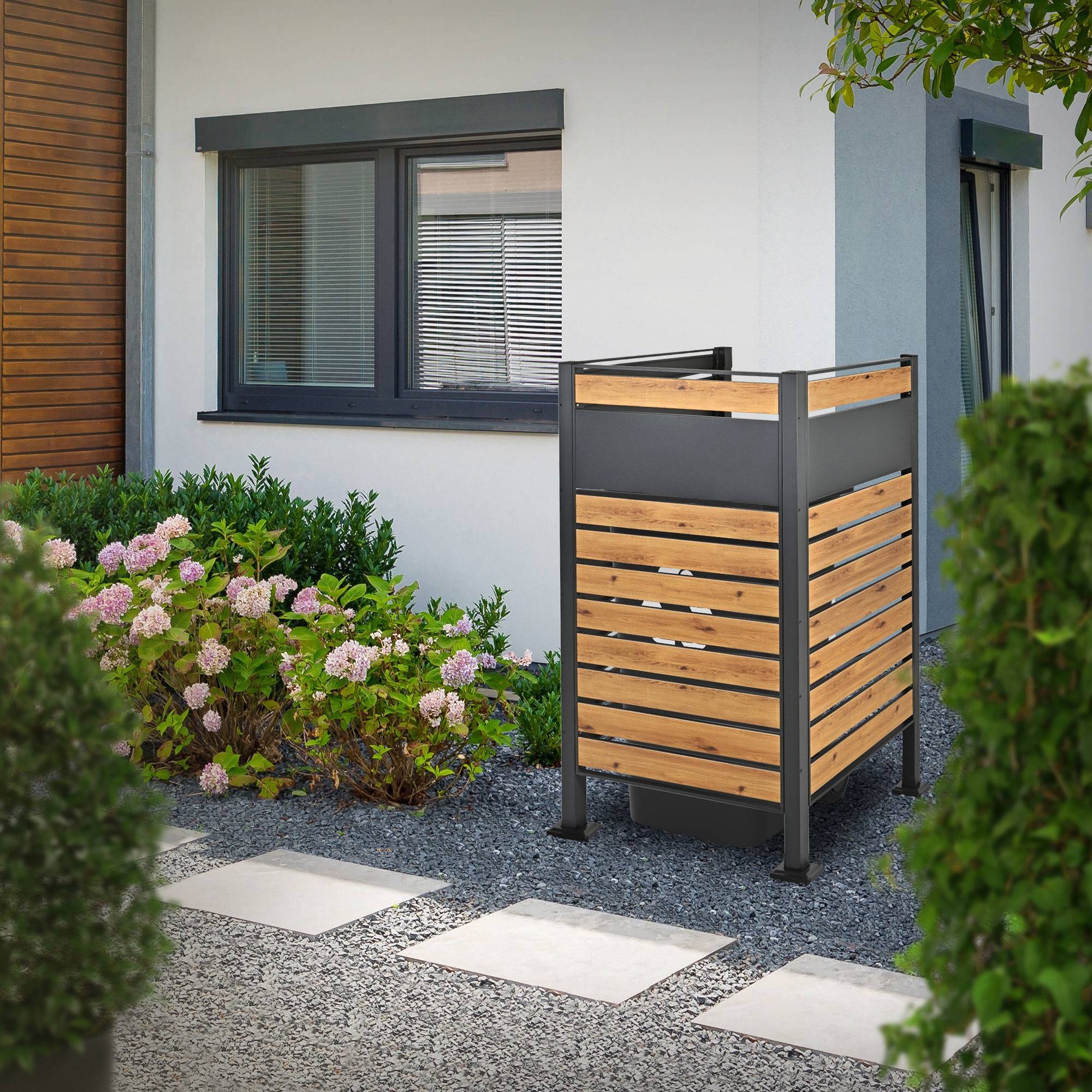 Ml-Design - Abri pour 1 poubelle 91x91x150cm anthracite/aspect bois en acier extensible avec d'autres éléments habillage rangement de jardin protection visuelle - Imagen 1
