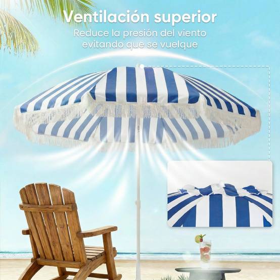 Parasol de plage à franges Ø180 cm, parasol de terrasse extérieur, hauteur réglable et inclinaison à 30°, bleu et blanc - Image 8