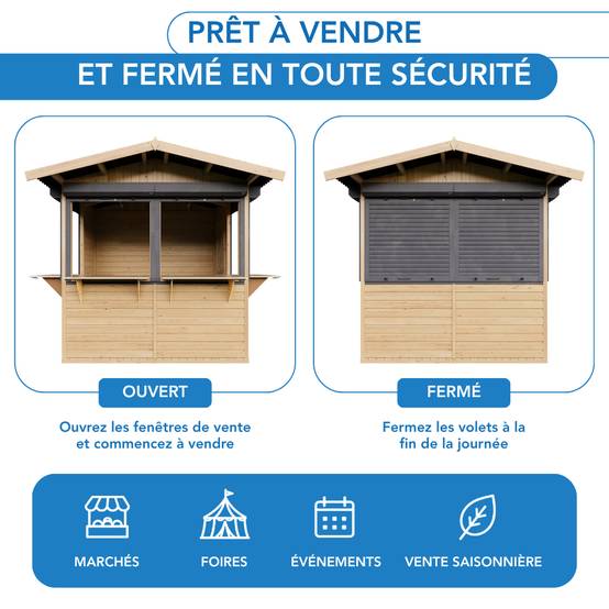 Timbela - Kiosque en bois - 4 m² - 263x253xH232 cm - Stand de vente en bois - avec 4 volets roulants verrouillables - 17 mm d’épaisseur - Timbela M149BZ - Image 10
