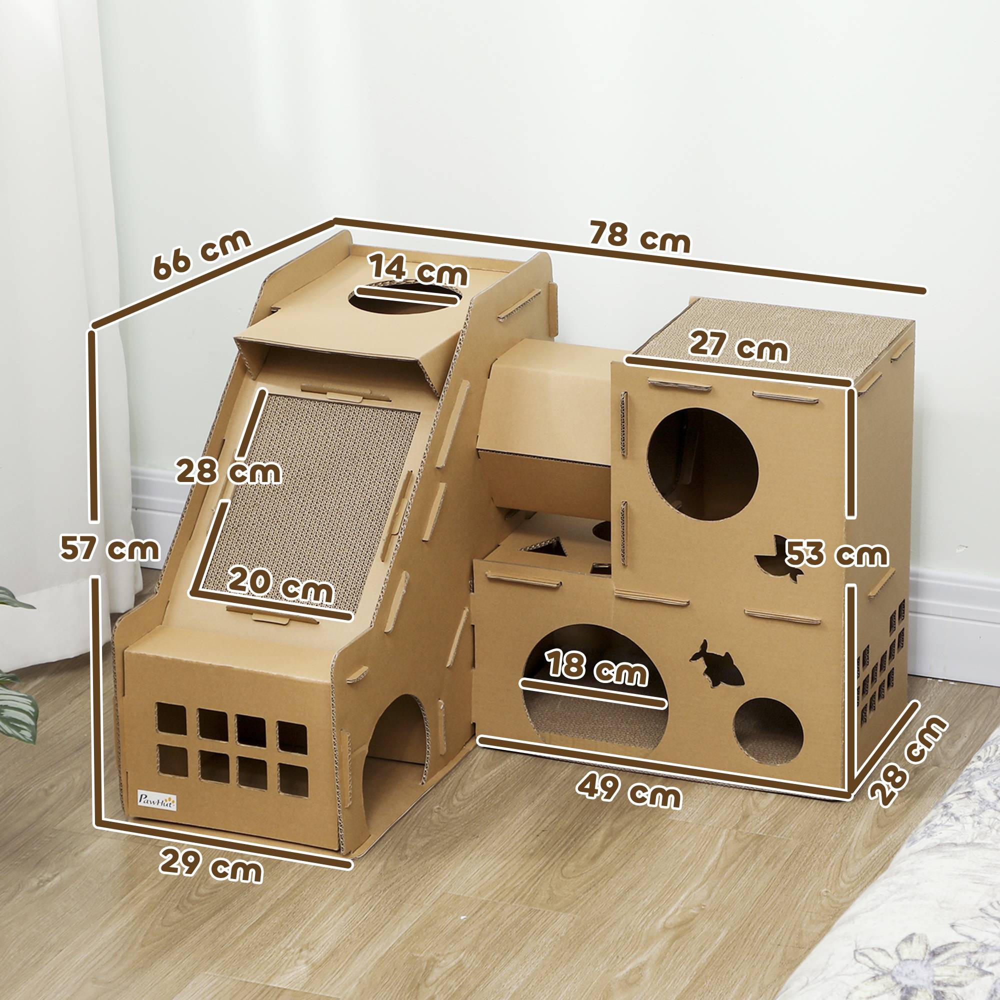 Château pour Chat en Carton Recyclé Tour de Jeu 2 Niveaux avec Griffoirs Rampe et Tunnel Marron - ComfortXL Outdoor Living - Image 5