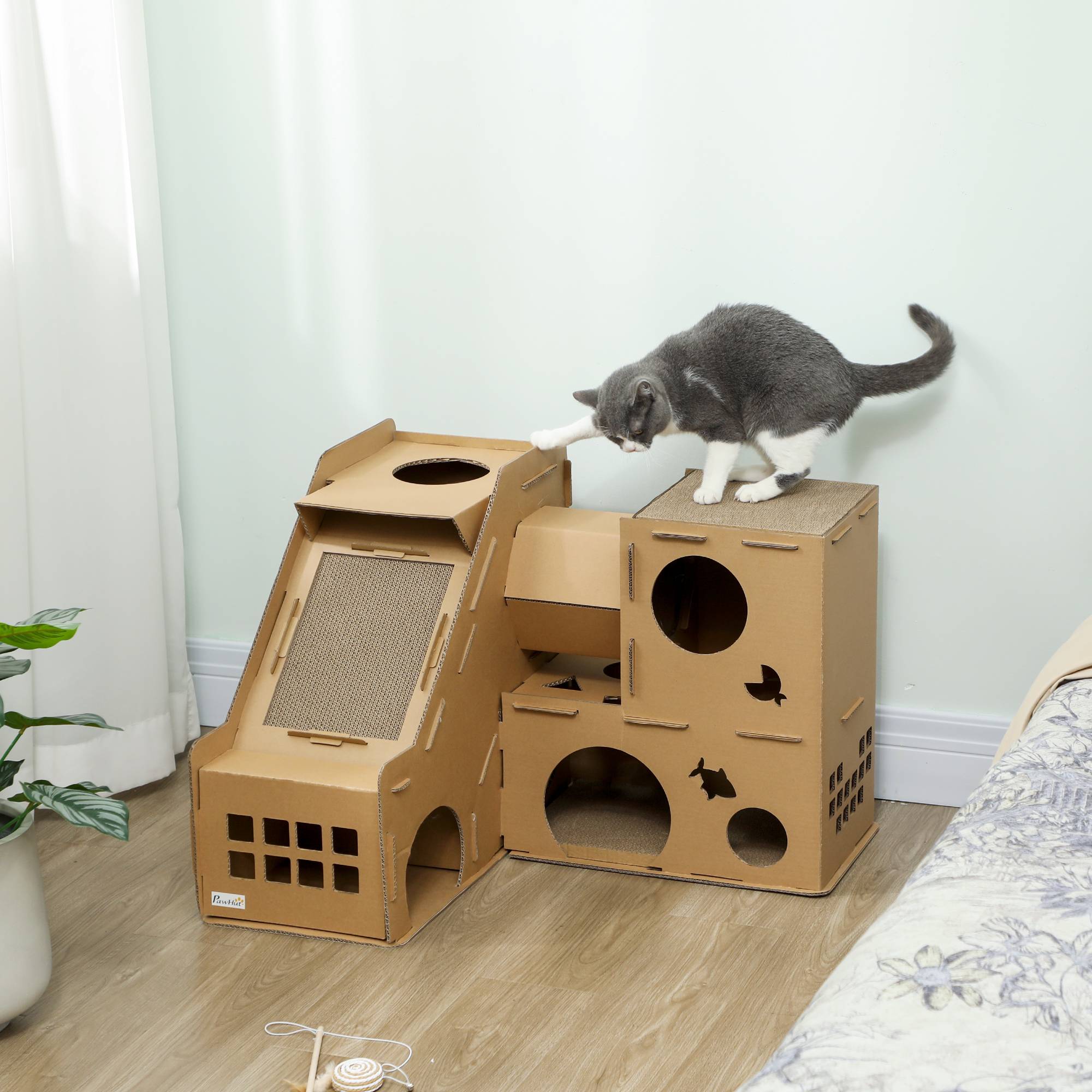 Château pour Chat en Carton Recyclé Tour de Jeu 2 Niveaux avec Griffoirs Rampe et Tunnel Marron - ComfortXL Outdoor Living - Image 4