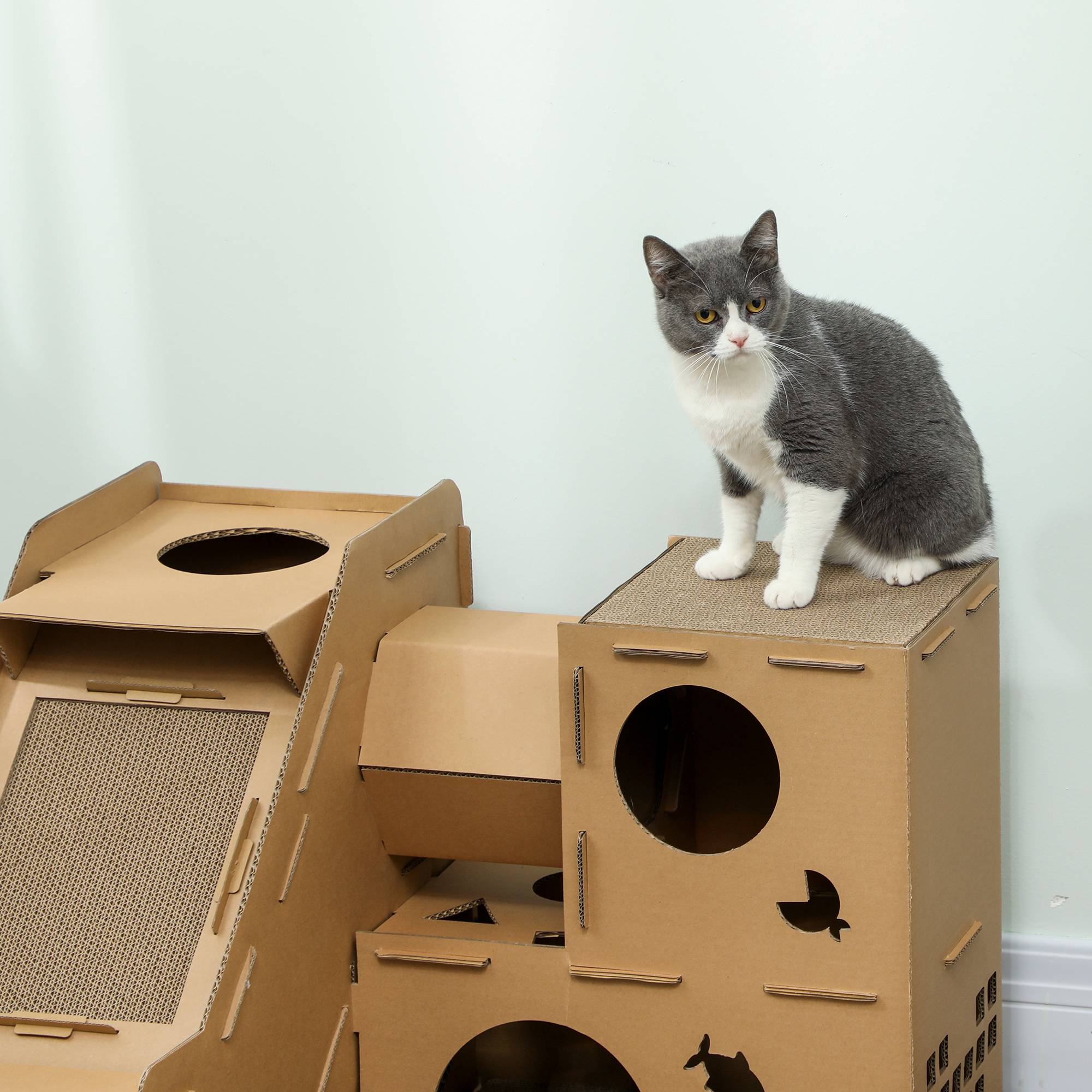 Château pour Chat en Carton Recyclé Tour de Jeu 2 Niveaux avec Griffoirs Rampe et Tunnel Marron - ComfortXL Outdoor Living - Image 10