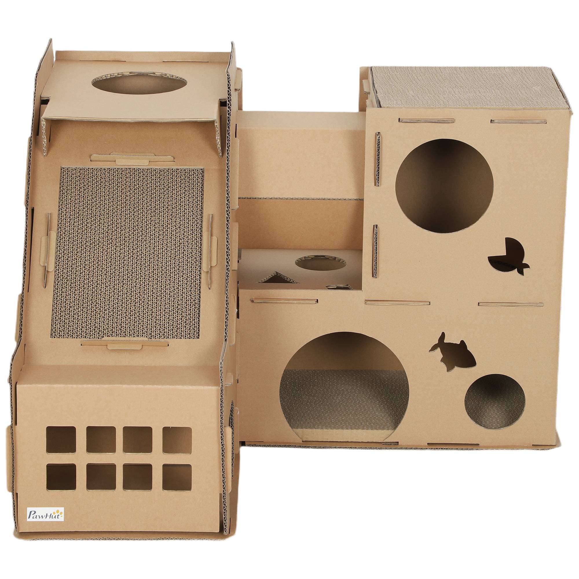 Château pour Chat en Carton Recyclé Tour de Jeu 2 Niveaux avec Griffoirs Rampe et Tunnel Marron - ComfortXL Outdoor Living - Image 2