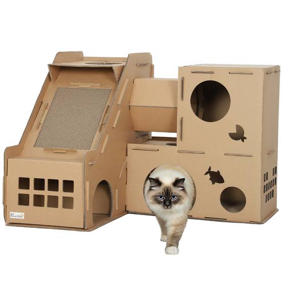 Château pour Chat en Carton Recyclé Tour de Jeu 2 Niveaux avec Griffoirs Rampe et Tunnel Marron - ComfortXL Outdoor Living - Image 1