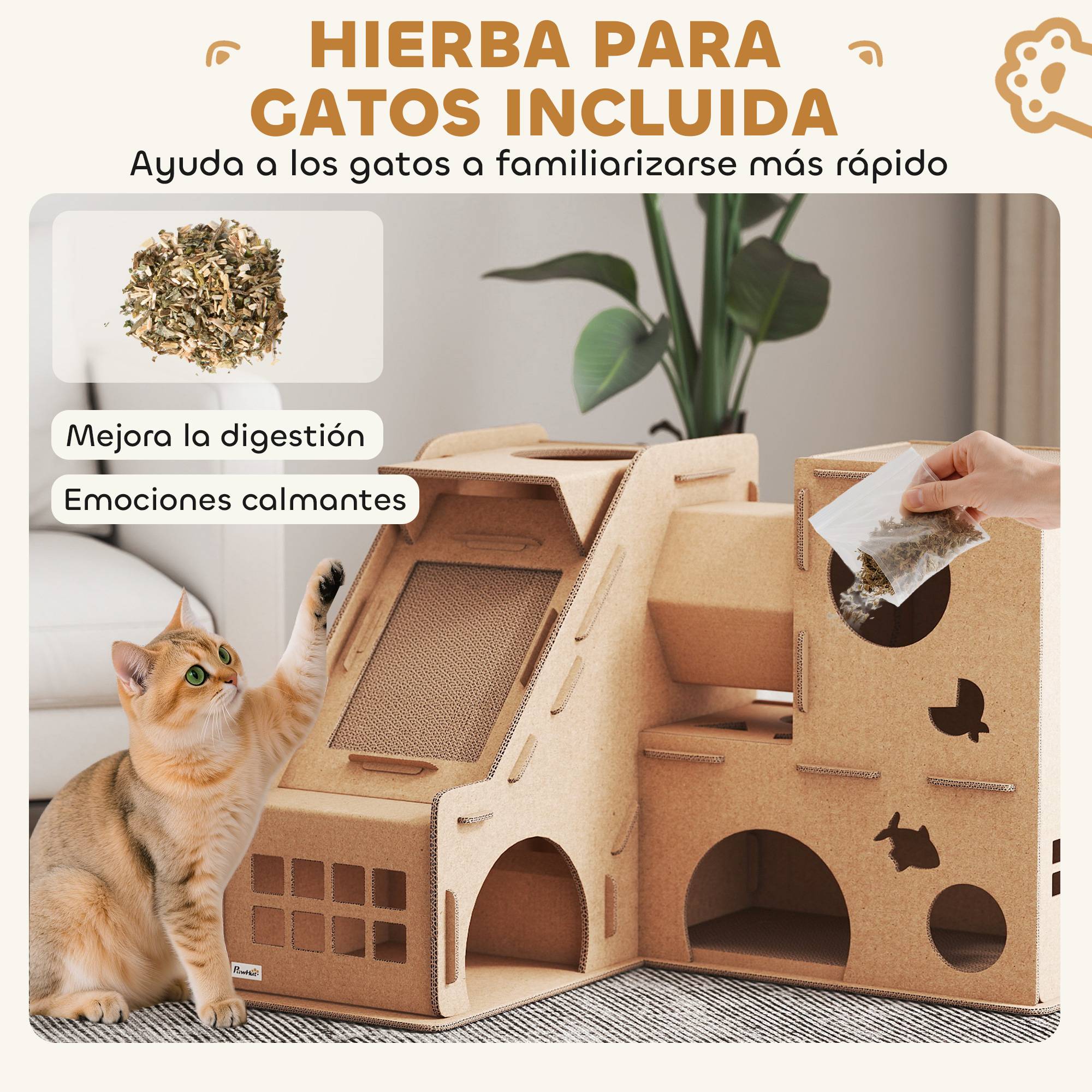 Château pour Chat en Carton Recyclé Tour de Jeu 2 Niveaux avec Griffoirs Rampe et Tunnel Marron - ComfortXL Outdoor Living - Image 8
