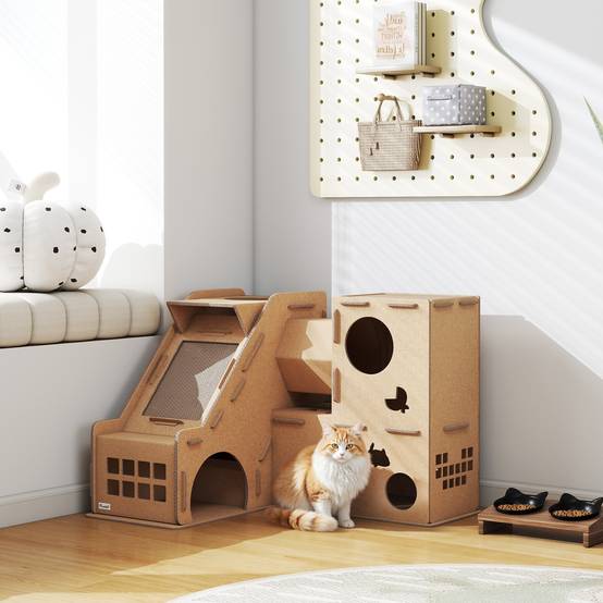 Château pour Chat en Carton Recyclé Tour de Jeu 2 Niveaux avec Griffoirs Rampe et Tunnel Marron - ComfortXL Outdoor Living - Image 3