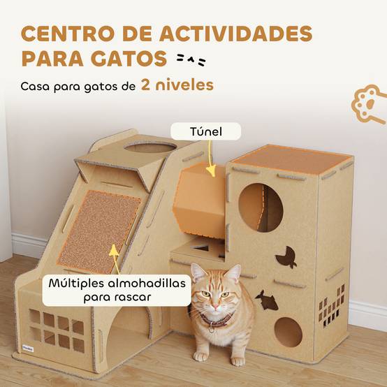 Château pour Chat en Carton Recyclé Tour de Jeu 2 Niveaux avec Griffoirs Rampe et Tunnel Marron - ComfortXL Outdoor Living - Image 6
